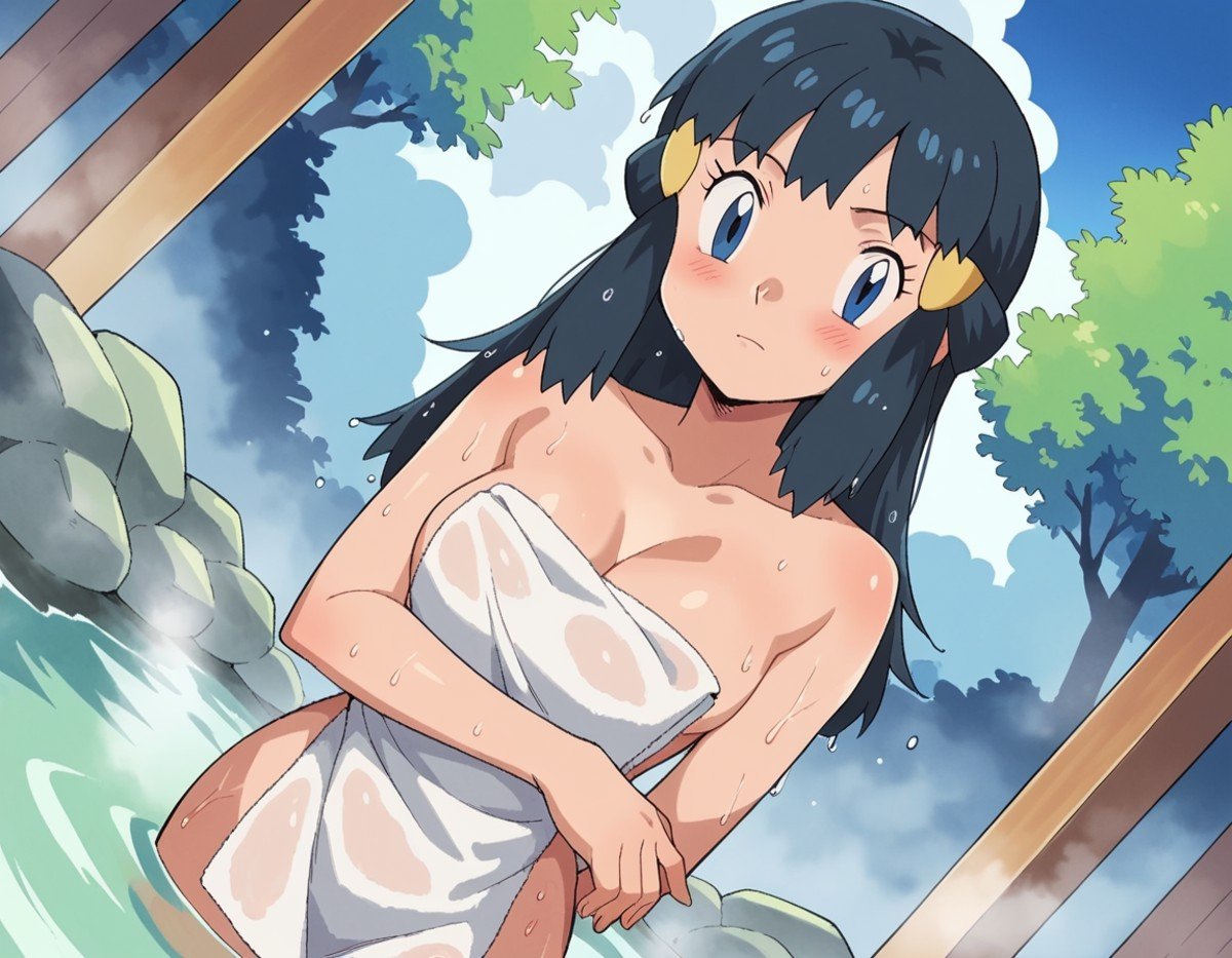 score_9, score_8_up, score_7_up, source_anime, pokemondawn, <lora:pokemon-dawn-anime-ponyxl-lora-nochekaiser:1>, pokemon dawn, black hair, blue eyes, sidelocks, long hair,, nude, naked, outdoors, onsen, towel, naked towel, steam, bathing, nude cover, partially submerged, water, bath, steam censor, wet towel, blush, looking at viewer, solo, cowboy shot, dutch angle