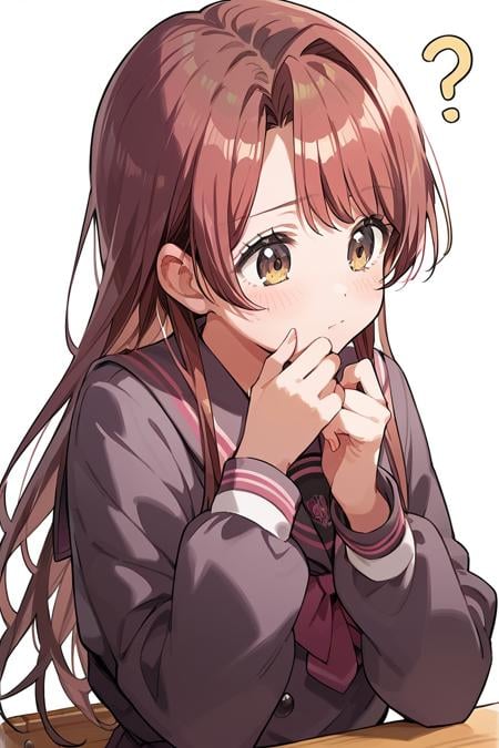 score_9, score_8_up, score_7_up, score_6_up, 1girl,<lora:Kasuga_Haruna:0.9> haruna, long hair, long sleeves, school uniform, think, ?, hand on chin,