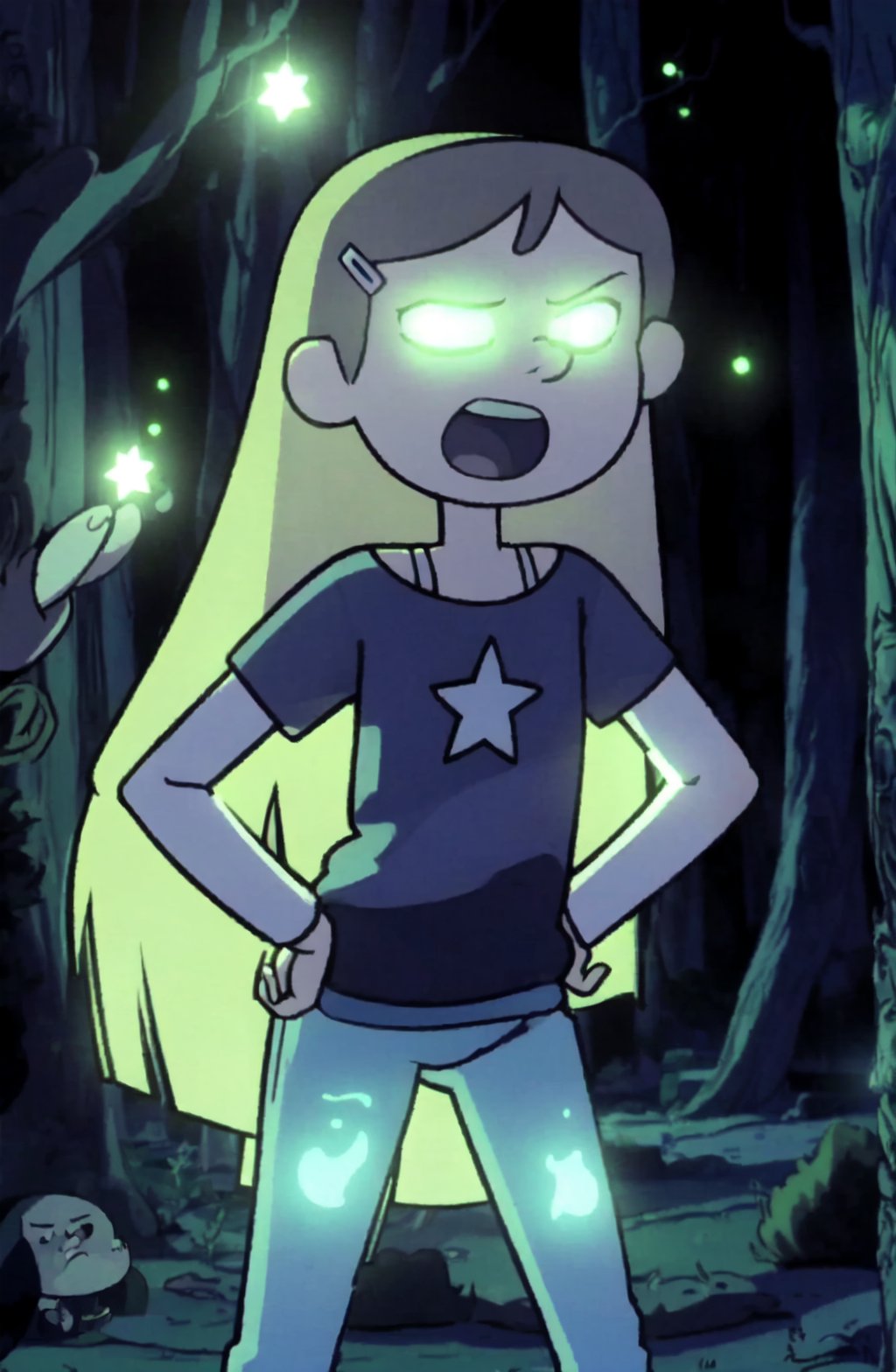 <lora:Kelly Marra (Hilda Netflix) SD1-5 V1:1> Kelly Marra, long hair, open mouth, shirt, hair ornament, very long hair, teeth, hairclip, star (symbol), tree, glowing, hand on hip, t-shirt, glowing eyes, star print, dark forest, night