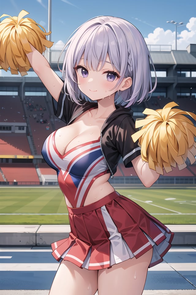 insanely detailed, absurdres, ultra-highres, ultra-detailed, best quality,1girl, solo, nice hands, perfect handsBREAK(cheering, cheerleader girl, holding pom-poms, cheerleader costume, sweat:1.3)BREAKhappy smile, laugh, closed mouthBREAK45 angle,cowboy shot, looking at viewer,BREAKslender, kawaii, perfect symmetrical face, ultra cute girl, ultra cute face, ultra detailed eyes, ultra detailed hair, ultra cute, ultra beautifulBREAK(crowds, spectators, audience:1.3),in school ground, sports festival, day, ultra detailed background,(very wide, panorama view, sense of depth, magnificent view:1.3)BREAKlarge breasts, cleavage, (navel:-1)BREAK(purple hair, black eyes), very short hair,