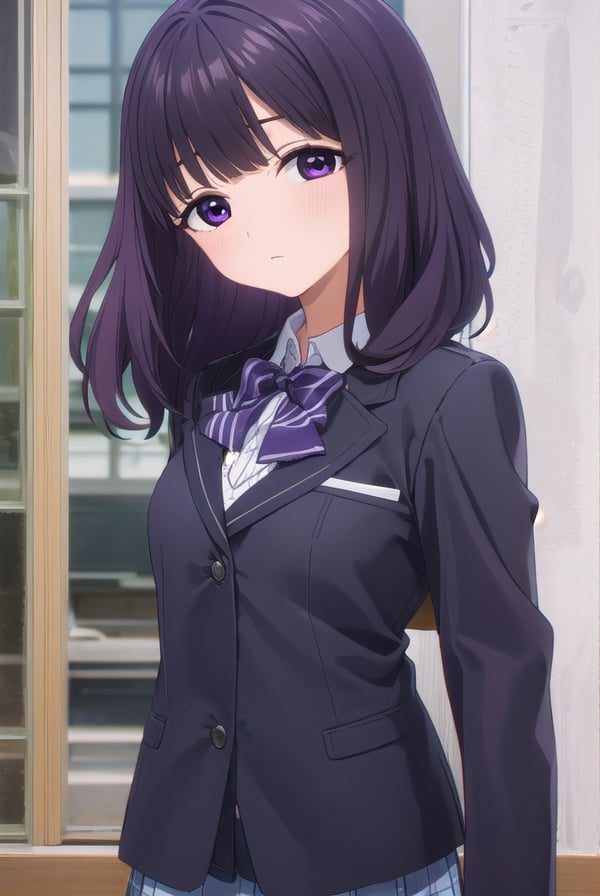 rionashijou, <lora:riona shijou s1-lora-nochekaiser:1>,riona shijou, bangs, purple hair, (purple eyes:1.1), medium hair,BREAK skirt, long sleeves, school uniform, jacket, socks, black skirt, two side up, black jacket, kneehighs, blazer, black socks, bow, bowtie, stripped, stripped bowtie,BREAK indoors, classroom,BREAK looking at viewer, (cowboy shot:1.5),BREAK <lyco:GoodHands-beta2:1>, (masterpiece:1.2), best quality, high resolution, unity 8k wallpaper, (illustration:0.8), (beautiful detailed eyes:1.6), extremely detailed face, perfect lighting, extremely detailed CG, (perfect hands, perfect anatomy),