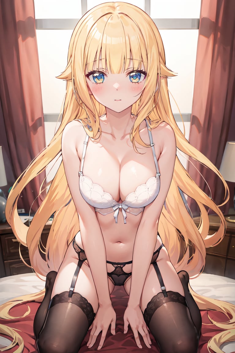 masterpiece, best quality, ultra-detailed, glistening shiny, glowing light, ray tracing, HDR, deph of field, (perfect face, detailed face),  <lora:Beelzebub_jou:0.7>, beelzebubjou, very long hair, hair flaps, blush, lingerie, garter belt, thighhighs, hands between legs, kneeling