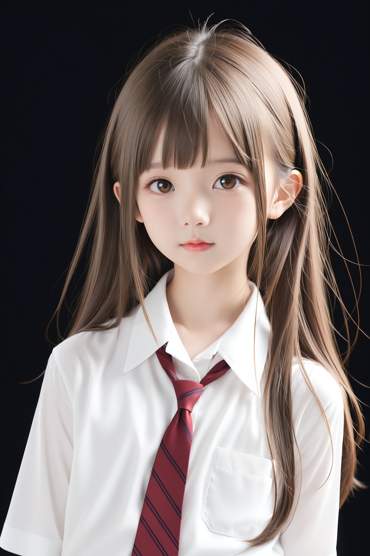 (masterpiece),(best quality),solo, loli,1girl, necktie, shirt, looking at viewer, long hair, white shirt,black background ,simple background, collared shirt, brown eyes, brown hair, head tilt, upper body, closed mouth, red necktie, lips, school uniform, wing collar,