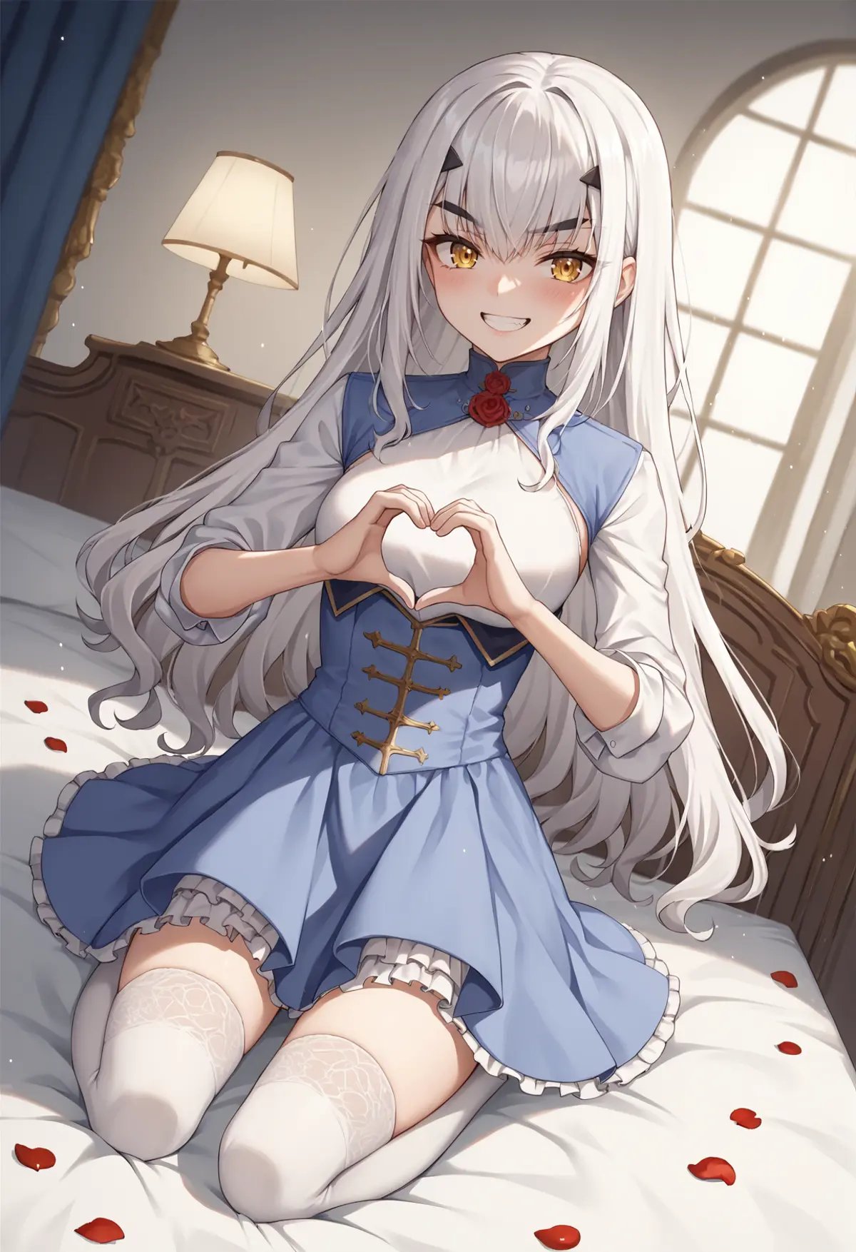 1girl, forked eyebrows, white hair, very long hair, yellow eyes, v-shaped eyebrows, blue dress, dress, flower, white shirt, flower, kneeling, zettai ryouiki, thighhighs, indoors, bed, dutch angle, blushing, heart hands, heart-shaped pupuls, smile, mesugaki, teeth, cape, petals <lora:Melusine_Fate_Grand_Order_XL_v2:1>, score_9, score_8_up, score_7_up, score_6_up, score_5_up, score_4_up, BREAK source_anime, masterpiece