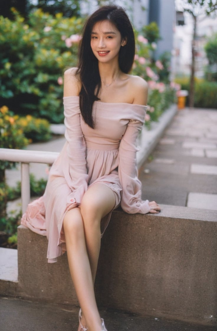 1girl,dress,flower,solo,brown hair,pink dress,sitting,rose,plant,(long hair:1.3),blurry,bare shoulders,pink flower,jewelry,pink rose,necklace,depth of field,off-shoulder dress,parted lips,off shoulder,breasts,looking at viewer,collarbone,lips,vines,strapless,princess,strapless dress,blurry foreground,full body,earrings,smile, <lora:纯欲摄影小姐姐:0.8>