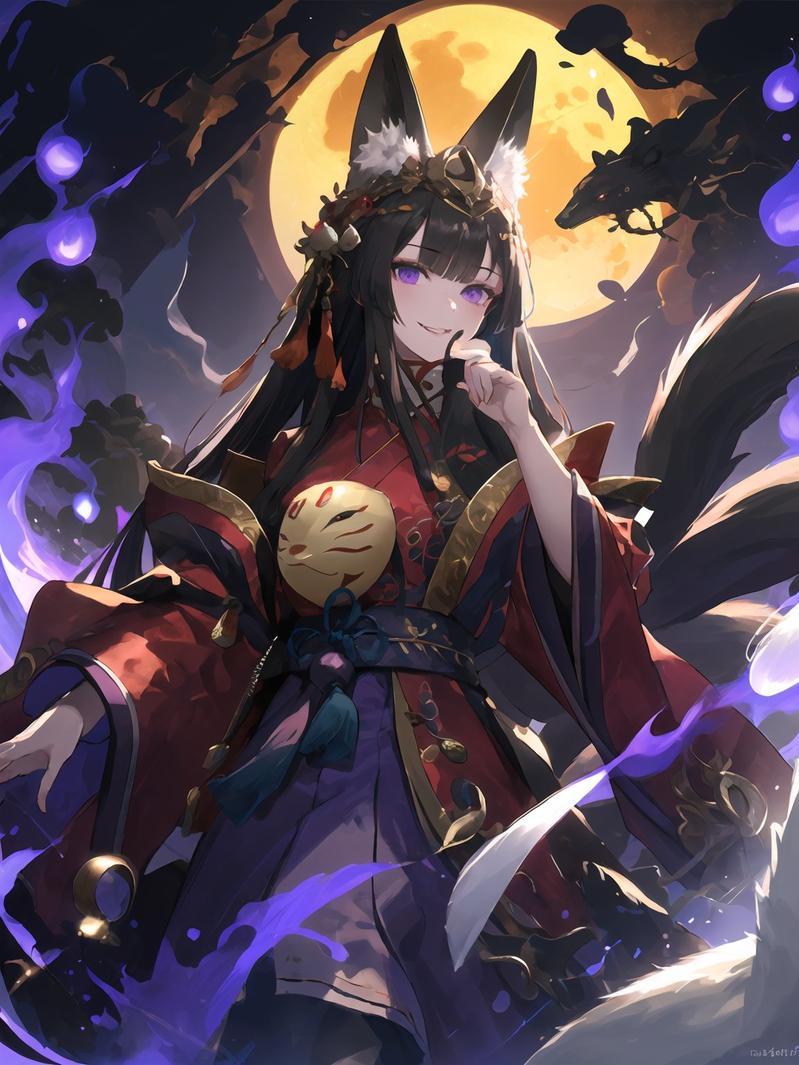 masterpiece,best quality,highres,cinematic lighting,dramatic angle,1girl,animal ears,hair ornament,<lora:ShadowverseGinsetsuV3-1-000014:0.8:lbw=1,0.8,0.1,1,1,0.2,0.2,1,1,1,1,1,1,1,1,1,1>,japanese clothes,purple skirt,red dress,clothing cutout,wide sleeeves,(holding mask,mask removed,mask on hand:1.2),mask,hand on own cheek,tails,looking at viewer,evil smile,glowing eyes,head tilt,:d,black hair,purple eyes,animals,fox,purple fire,blue fire,red moon,night,portrait,(from below:1.3),magic,will-o'-the-wisp \(mythology\),