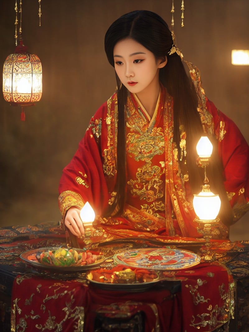 lalisaMan1,(Extremely Detailed Oil Painting:0.8), glow effects, godrays, Hand drawn, render, 8k, octane render, cinema 4d, blender, dark, atmospheric 4k ultra detailed, cinematic sensual, newcn,  1girl, Tang hanfu, black hair, 3d,  hanfu, lantern