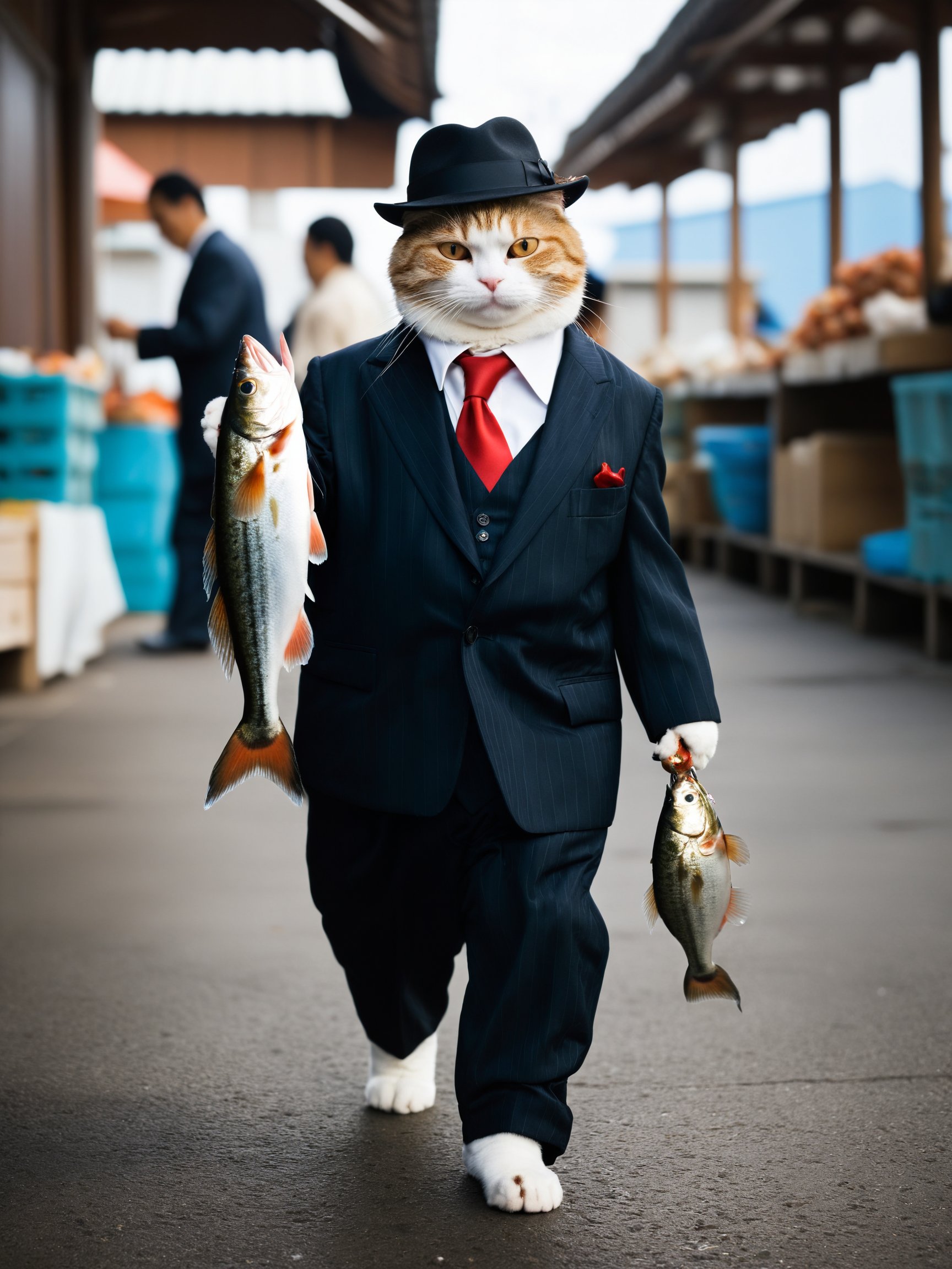 best quality, masterpiece,photo of a Cat dressed as a mafia boss holding a fish walking down a Japanese fish market with an happy face, bare cat feet,professional photo, high contrast exposure, soft bokeh, high key light, hard shadow, soft bokeh, simple background,