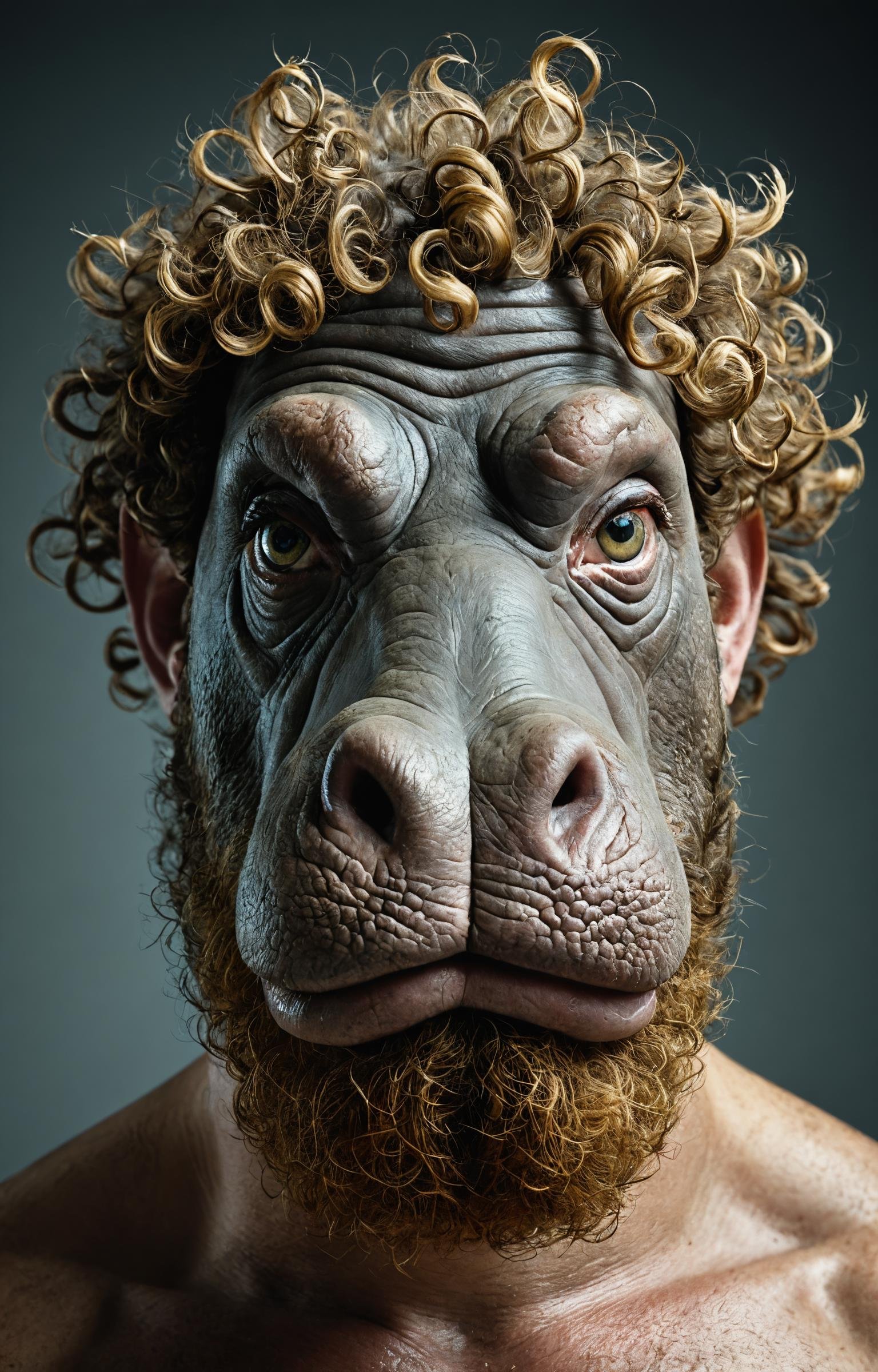 mutation,man with hippopotamus face,curly hair,  <lora:sdxl_photorealistic_slider_v1:1>