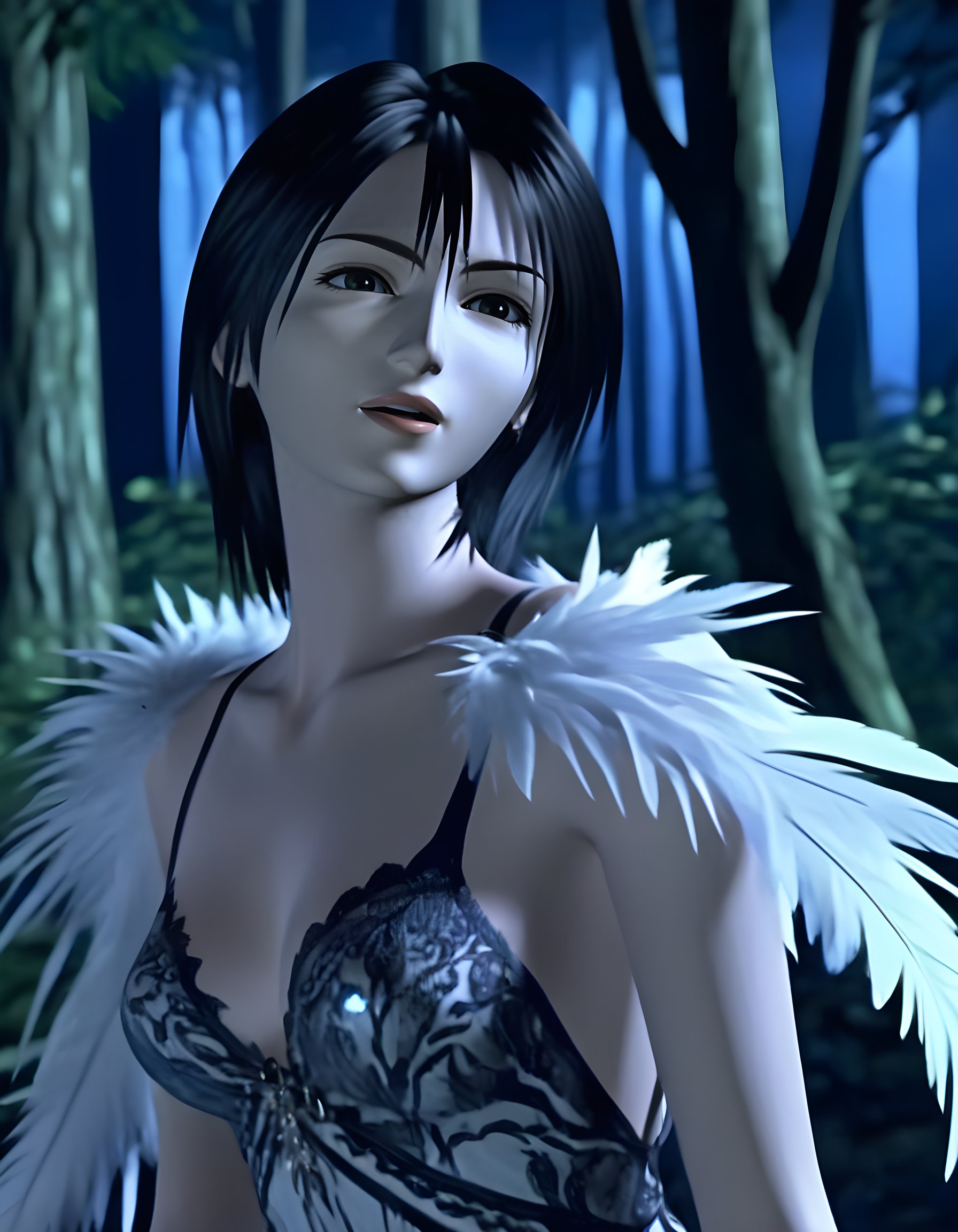 ff8_style, In a Final Fantasy VIII-inspired scene, a captivating woman with short, jet-black hair and expressive brown eyes gazes intently at the viewer from a close-up shot. Dressed in an extravagant, Rinoa Heartilly-esque outfit adorned with feathers, lace, and sparkling jewels, she stands alone amidst a moonlit forest clearing, bathed in a soft, ethereal glow that dances across her delicate features and elegant attire. Her full, crimson lips are slightly parted, hinting at the quiet intensity of her character, as she maintains an enigmatic, closed-mouth pose that invites intrigue and mystery. The background is filled with towering trees, their leaves rustling gently in a cool breeze, casting dappled shadows upon the forest floor, while the haunting melody of a distant lullaby adds an emotional depth to the serene yet suspenseful atmosphere.