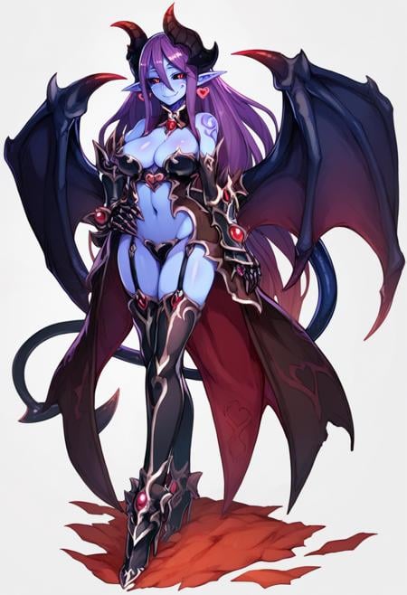 score_9, score_8_up, score_7_up, score_6_up, <lora:MonsterGirlXL_P6_lokr_V43P1NF:0.95> 1girl, horns, solo, breasts, wings, demon girl, blue skin, tail, long hair, navel, pointy ears, colored skin, red eyes, purple hair, black sclera, large breasts, full body, demon tail, smile, looking at viewer, simple background, demon wings, colored sclera, white background, tattoo, thighhighs, elbow gloves, bare shoulders, demon horns, gloves, cleavage, monster girl, heart earrings, earrings, hand on own hip, detached collar, hair between eyes, jewelry, boots, high heels, slit pupils, very long hair, standing, crossed legs, garter straps, gauntlets