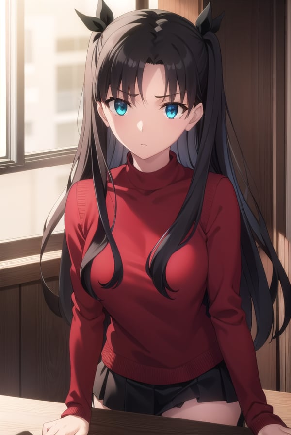 rintohsaka, <lora:rin tohsaka ubw-lora-nochekaiser:1>, rin tohsaka, aqua eyes, (black hair:1.5), hair ribbon, long hair, ribbon, sidelocks, two side up, (parted bangs:1.5),BREAK black skirt, black thighhighs, long sleeves, miniskirt, pleated skirt, red sweater, skirt, sweater, thighhighs, turtleneck,BREAK indoors, classroom,BREAK looking at viewer, (cowboy shot:1.5)BREAK <lyco:GoodHands-beta2:1>, (masterpiece:1.2), best quality, high resolution, unity 8k wallpaper, (illustration:0.8), (beautiful detailed eyes:1.6), extremely detailed face, perfect lighting, extremely detailed CG, (perfect hands, perfect anatomy),