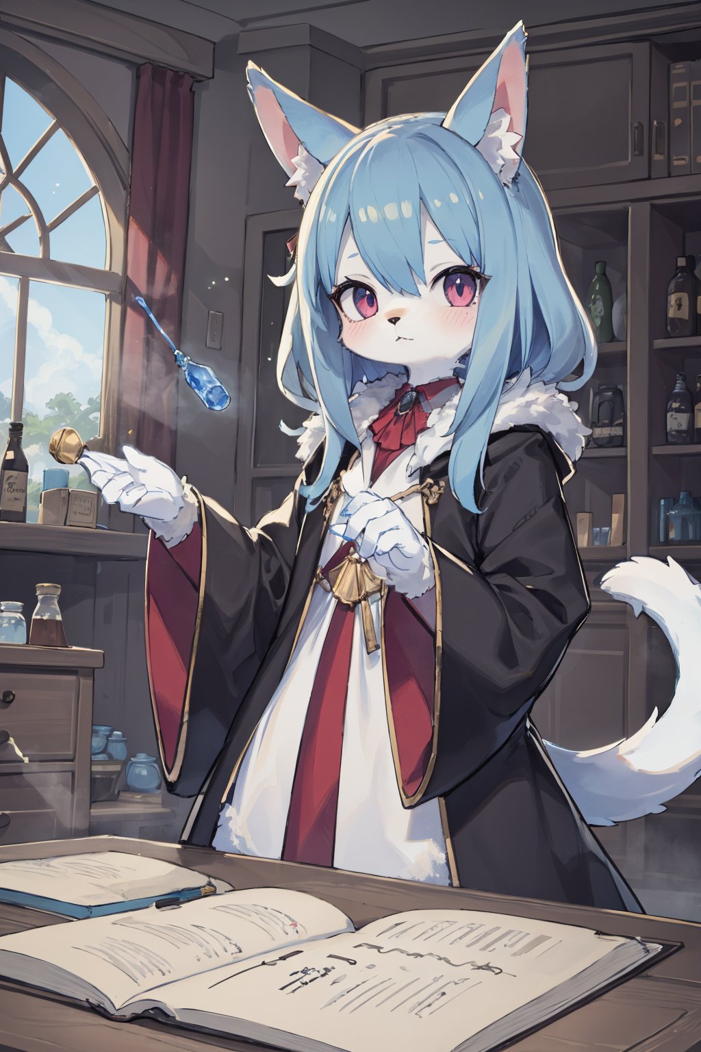 ((masterpiece, best quality)),furry, animal ears,  tail, bodyfur, 1girl,  spellcasting, magical creatures, potion-making, enchanted objects, magical history, rival schools, robe