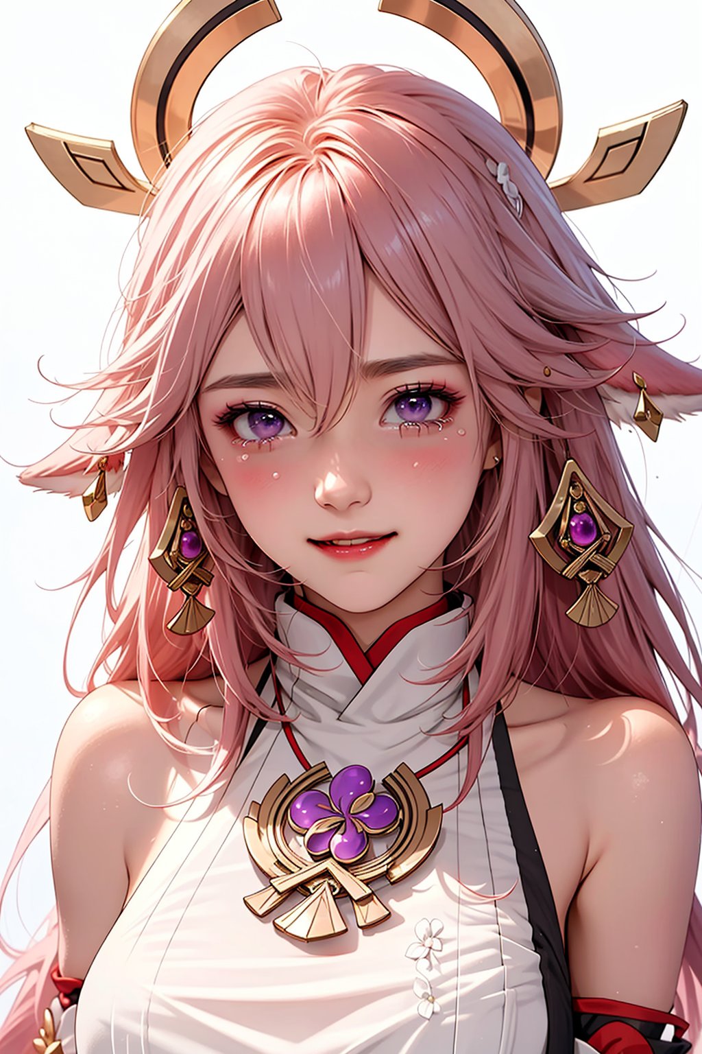 ba shen zi,1girl,solo,pink hair,purple eyes,long hair,blush,tears,animal ears,bare shoulders,hair between eyes,white background,simple background,upper body,fox ears,breasts,bangs,jewelry,closed mouth,earrings,japanese clothes,hair ornament,weep,cheerful demeanor,bright personality,warm-hearted nature,optimistic outlook,vibrant energy,sun-kissed complexion,free-spirited,carefree attitude,uplifting presence,positive vibes,lively enthusiasm,beaming with happiness,natural beauty,sunshine in her eyes,infectious laughter,<lora:aki-000008:0.7>,