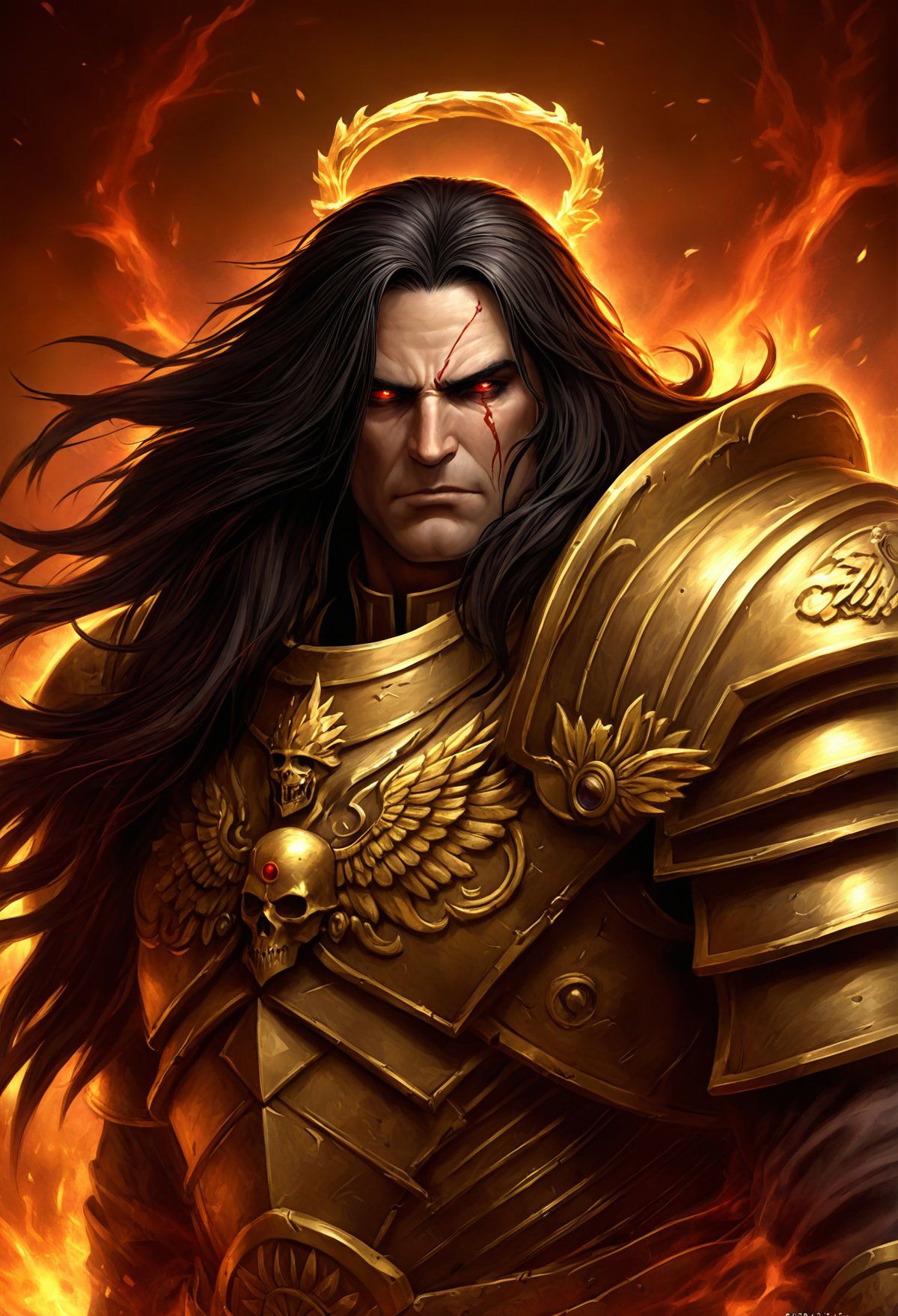 An epic digital painting of the Emperor of Mankind from Warhammer 40k. He is depicted as a handsome man with long black hair and piercing red eyes. He wears golden power armor and a laurel wreath. The background is a bright light. portrait, grimdark, centered, gritty, textured, extremely detailed, atmospheric, emotional, captivating, mythical and enchanting, surrounded by colorful ethereal flames, [warp energy],By Boru D Brian.