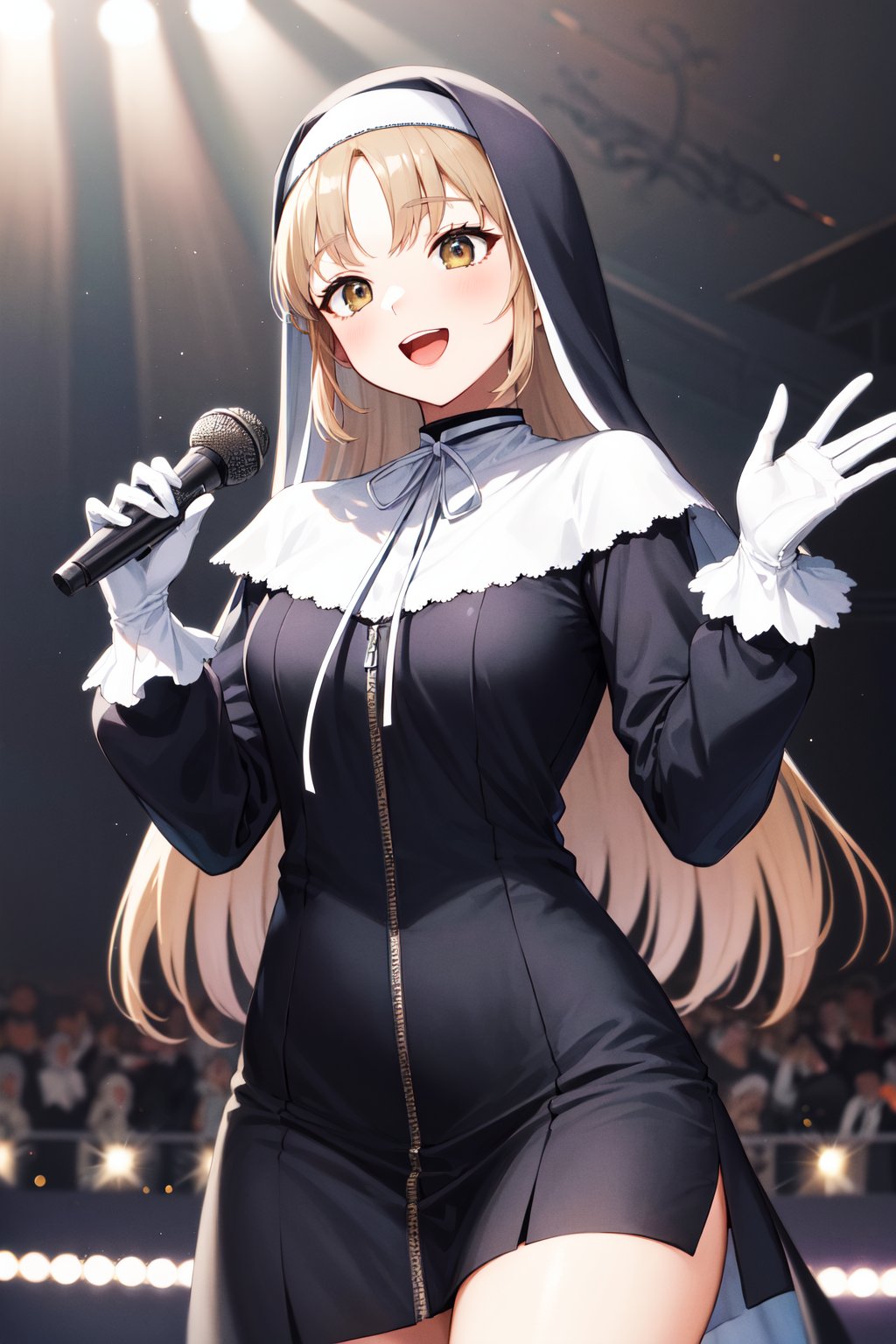 masterpiece, best quality, highres, aasister, long hair, nun, habit, white capelet, neck ribbon, (black dress:1.2), long sleeves, white gloves, full-length zipper, <lora:sister_cleaire_v2:0.7>, standing, cowboy shot, holding microphone, stage, singing, smile, open mouth, 