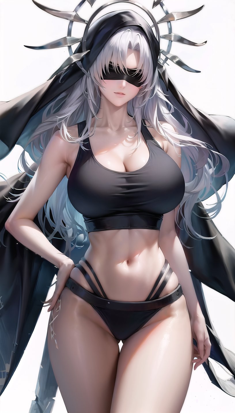 nox-hairstyle,halo,black blindfold,white hair,forehead,(tank top:1.28),lady,mature female, cowboy shot,(white background, simple background:1.18),highres,official art,original,masterpiece,best quality,(large breasts), <lora:noxpi2:0.8> 