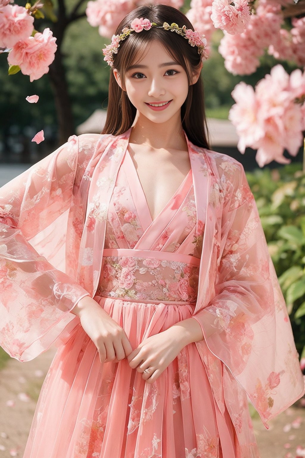 1girl,hanfu,(Chest Shot:1.2),(falling petal background:1),(looking_at_viewer:1),realistic,(blunt bangs:1),(standing:1),(hair flower garland:1),(smile:1.1),4k