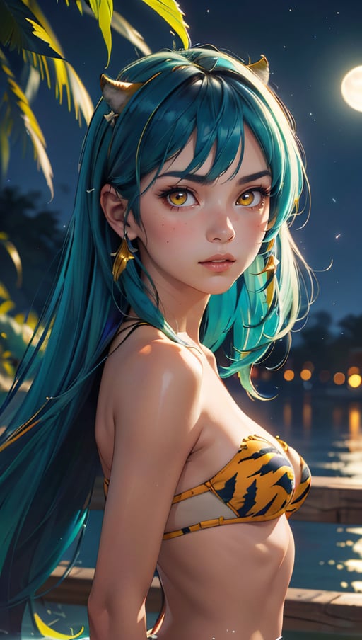 (best quality, masterpiece, colorful, dynamic angle, realistic)\Lum\, upper body photo, fashion photography of cute, intense long green hair, orange eyes, tiger print, strapless bikini, yellow boots, yellow little horns, small horns, \Lum\, <lora:lum4:0.6>  (ultrahigh resolution textures), in dynamic pose, bokeh, (intricate details, hyperdetailed:1.15), moonlight passing through hair, perfect night, (colorful fantasy art background), (official art, extreme detailed, highest detailed), HDR+