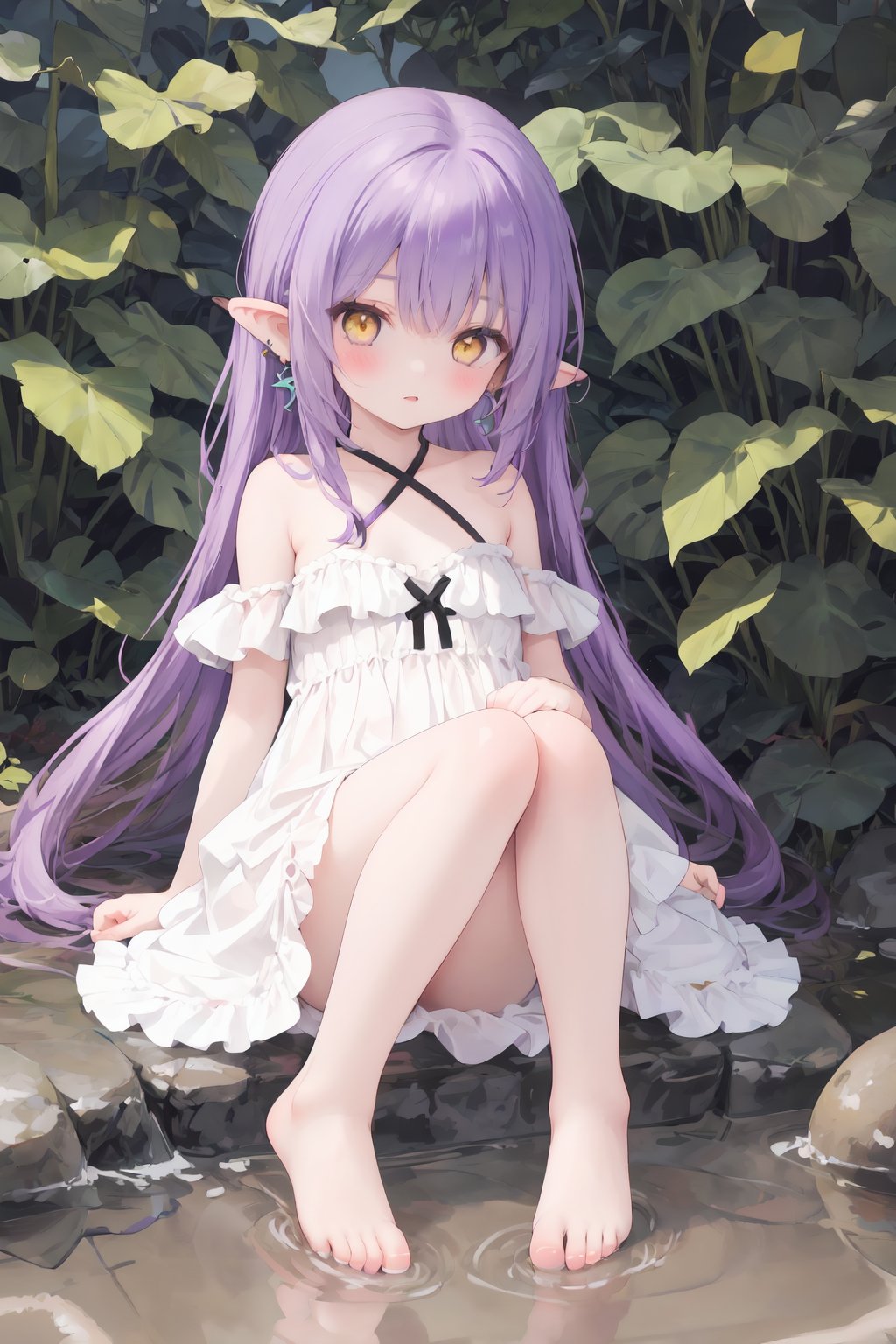 1girl, bangs, bare_shoulders, barefoot, blush, dress, earrings, fish, full_body, jewelry, leaf, long_hair, pointy_ears, purple_hair, solo, white_background, yellow_eyes