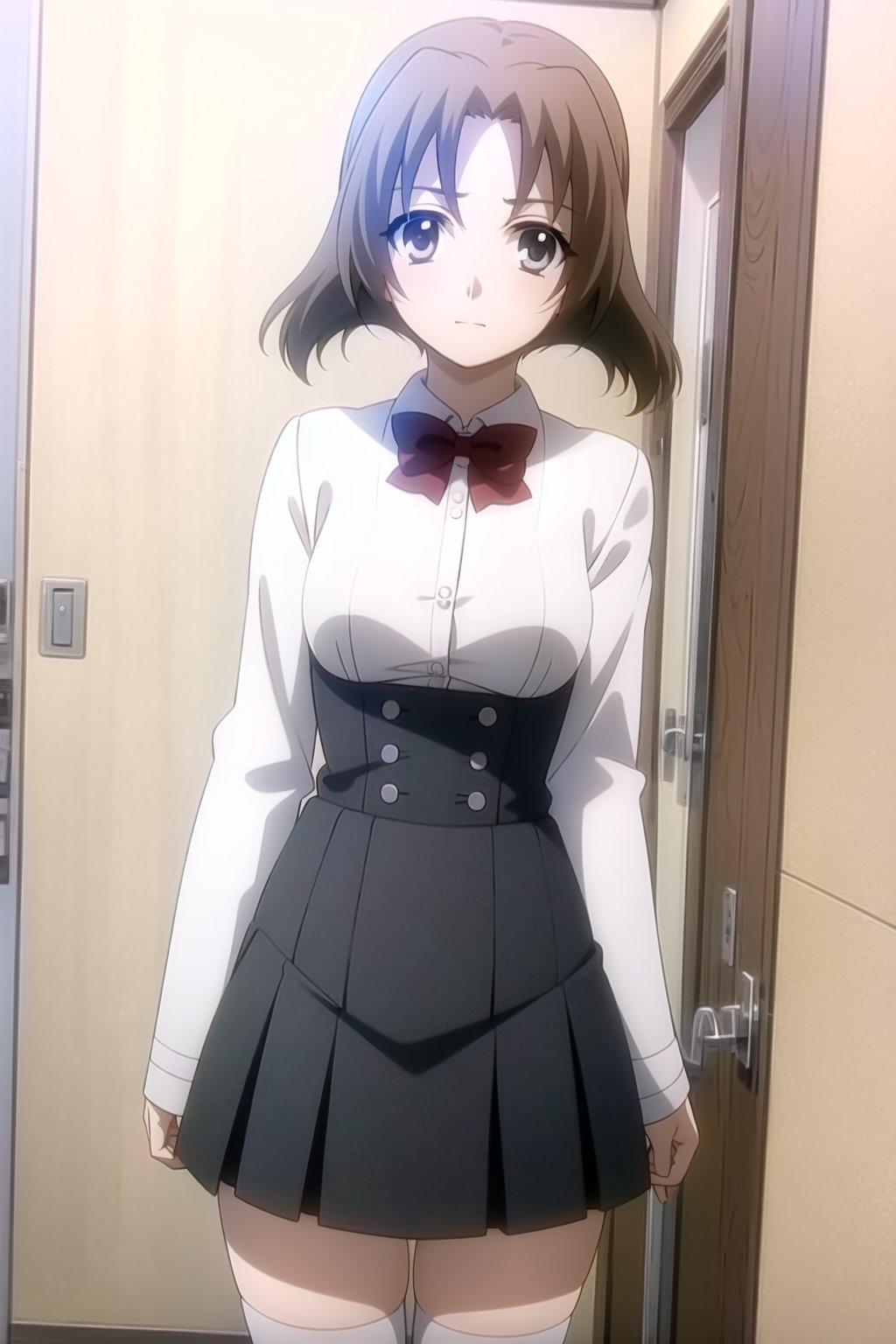 1girl, solo, (young woman, 16 years old), minami obuchi, short_hair, brown_hair, bangs, grey eyes,BREAK (waist-length skirt), thighhighs, school uniform, shoes, black thighhighs, zettai ryouiki, bow, red bow, white shirt,BREAK looking at viewer, standing, solo_female<lora:EMS-407829-EMS:0.800000>