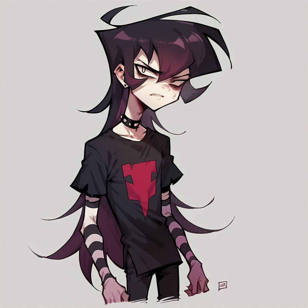 score_9, score_8_up, score_7_up, score_6_up,  <lora:z1mXLP:1> z1m, (invader zim:0.8), solo, cel shading, 1boy, long hair, (black hair)