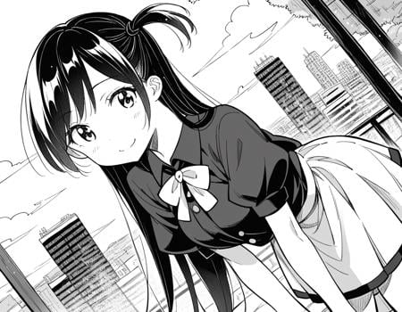 score_9, score_8_up, score_7_up, source_anime,chizuruichinose, <lora:chizuru-ichinose-manga-ponyxl-lora-nochekaiser:1>,chizuru ichinose, long hair, bangs, one side up, greyscale, monochrome,skirt, shirt, short sleeves, puffy sleeves, puffy short sleeves, white skirt,outdoors, cityscape, smile, bent over,looking at viewer, dutch angle, cowboy shot, solo,