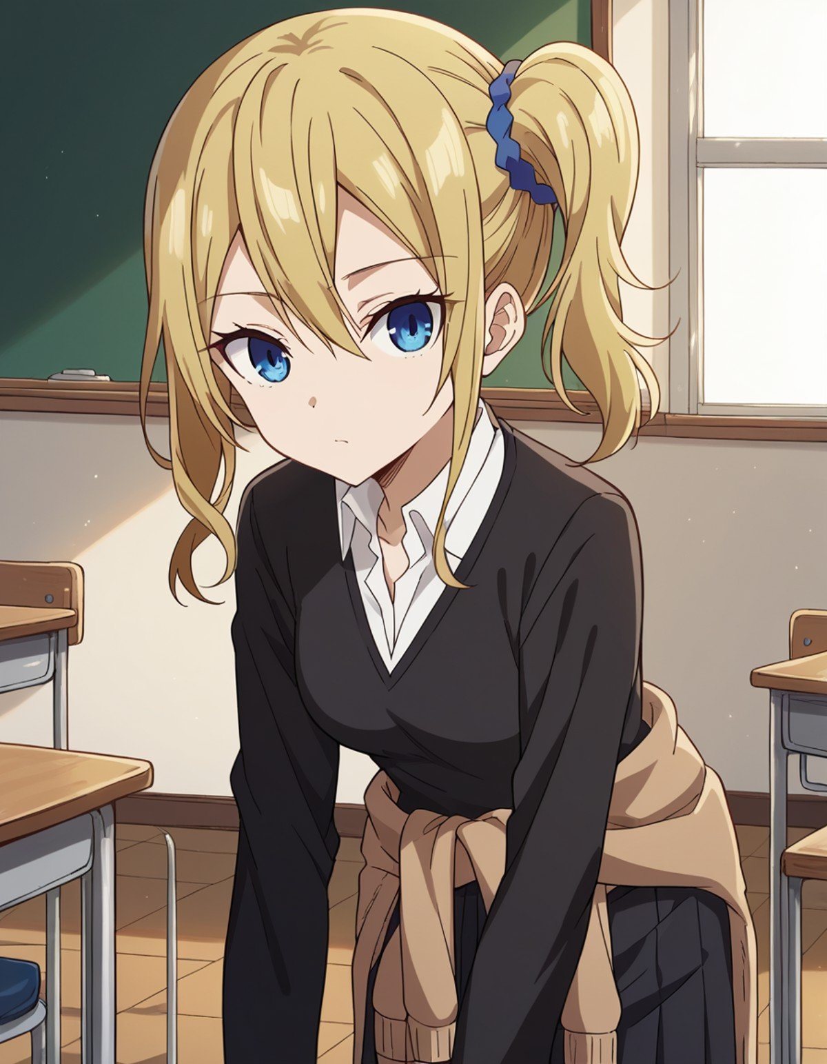 score_9, score_8_up, score_7_up, source_anime,aihayasaka, <lora:ai-hayasaka-s3-ponyxl-lora-nochekaiser:1>,ai hayasaka, bangs, blue eyes, blonde hair, hair ornament, hair between eyes, sidelocks, side ponytail, scrunchie, hair scrunchie, blue scrunchie,shirt, long sleeves, school uniform, shoes, socks, sweater, cardigan, black socks, clothes around waist, shuuchiin academy school uniform, sweater around waist, cardigan around waist,indoors, classroom, bent over,looking at viewer, cowboy shot, dutch angle, solo,