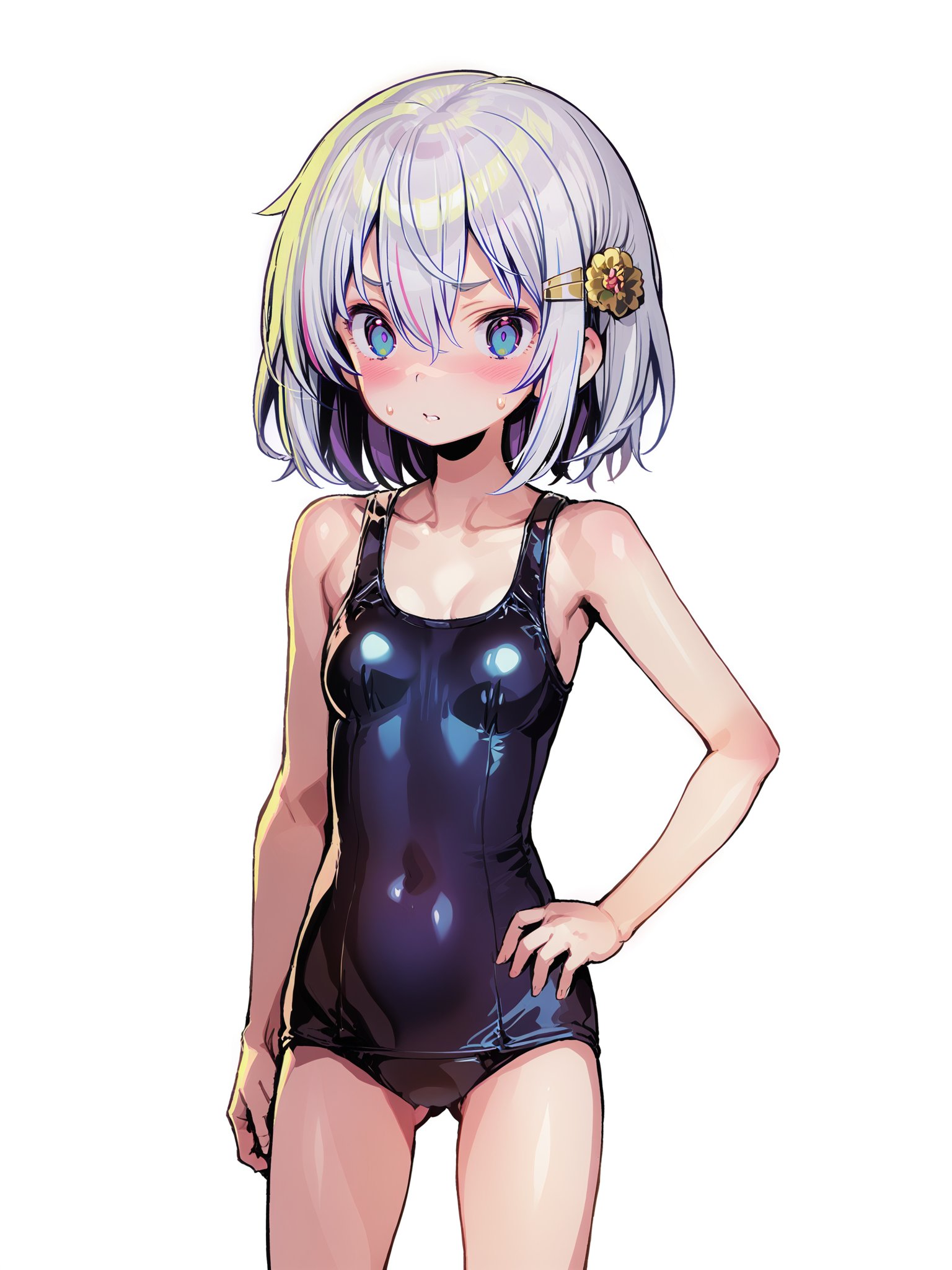 <lora:xl_dohna dohna(kohaku_delta)-000005:1>,dohna dohna style,1girl, solo, swimsuit, school swimsuit, white swimsuit, blue eyes, hair ornament, white hair, one-piece swimsuit, white background, hairclip, simple background, hand on hip, short hair, blush, looking at viewer, old school swimsuit, breasts, collarbone, covered navel, cowboy shot, sweatdrop, small breasts, bare shoulders, ass visible through thighs, hair between eyes, standing, masterpiece, best quality,