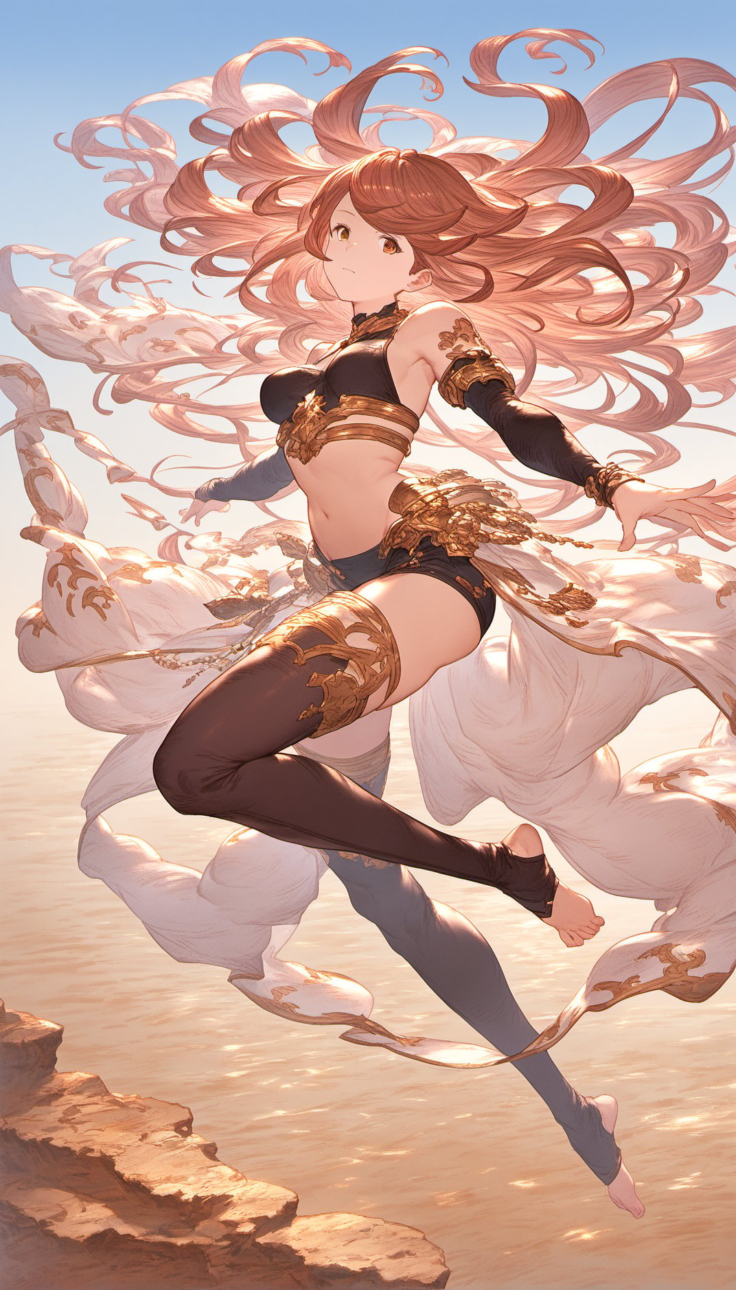 score_9, score_8_up, score_7_up, score_6_up,granblue, 1girl, holding scimitar, barefoot, breasts, brown_hair, detached_sleeves, floating_hair, full_body, jewelry, long_hair, plantar_flexion, solo, thighhighs, toeless_legwear, (scimitar:1.2),shaded face, intricate detail, cinematic lighting, amazing quality, amazing shading, detailed Illustration, official artwork, wallpaper, extremely detailed eyes and face, beautiful detailed eyes, ((masterpiece, best quality)),from side, dutch angle, navel, in a desert oasis, partially submerged, underwater,<lora:granblue_fantasy_style_pony:1>