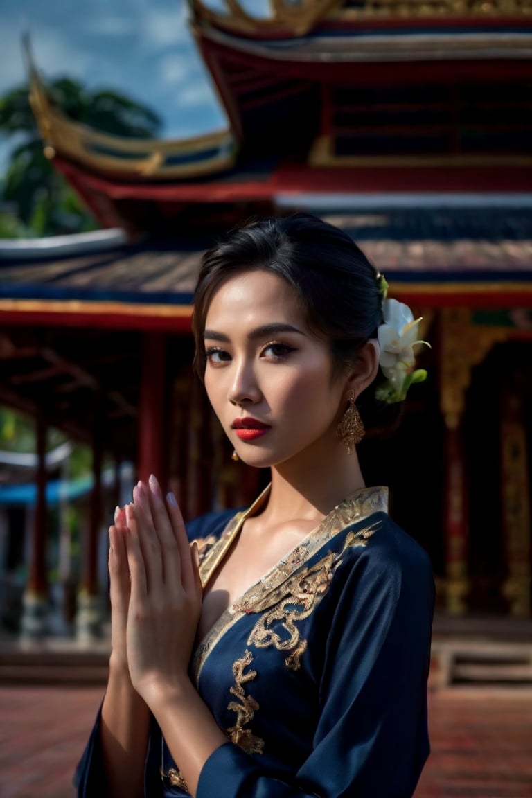 dramatic light,bella ranee,thai dress,detailed background,Depth of Field,volumetric light,crisp focus,Absurd,realistic proportions,good anatomy,(Realistic, hyperrealistic:1.4),HDR 16K,(perfect hands:1.3),