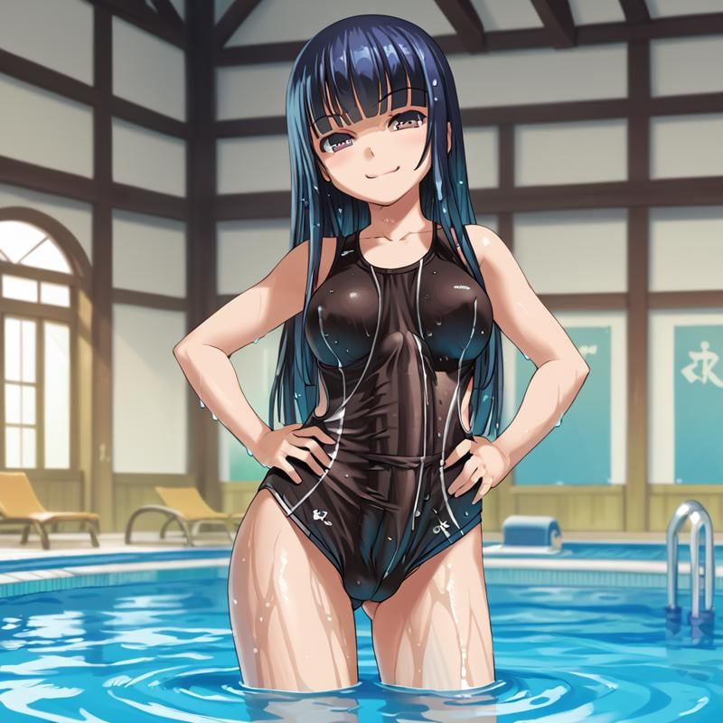 score_9, score_8, score_7, masterpiece, BREAK,sumika_oohashi, solo, black competition swimsuit, futa, futanari, ereciton under sweatervest,  erection under clothes, smug, standing,  hands on hips, pool, wet clothes, wet skin, partially submerged,  <lora:Sumika_oohashi_low_DIM:1>