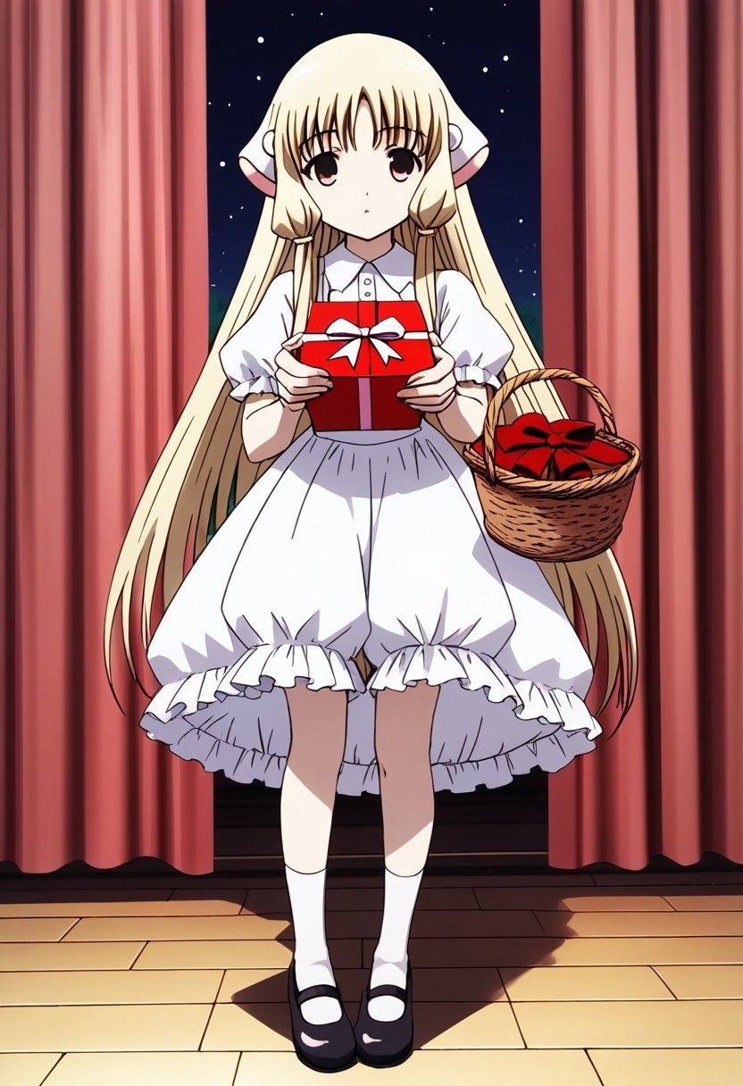 score_9,score_8_up,score_7_up,source_anime, Chii (Chobits),1girl,solo,dress,holding,underwear,full body,shoes,alternate costume,socks,box,mary janes,gift,bloomers,gift box,basket,holding gift,white bloomers,