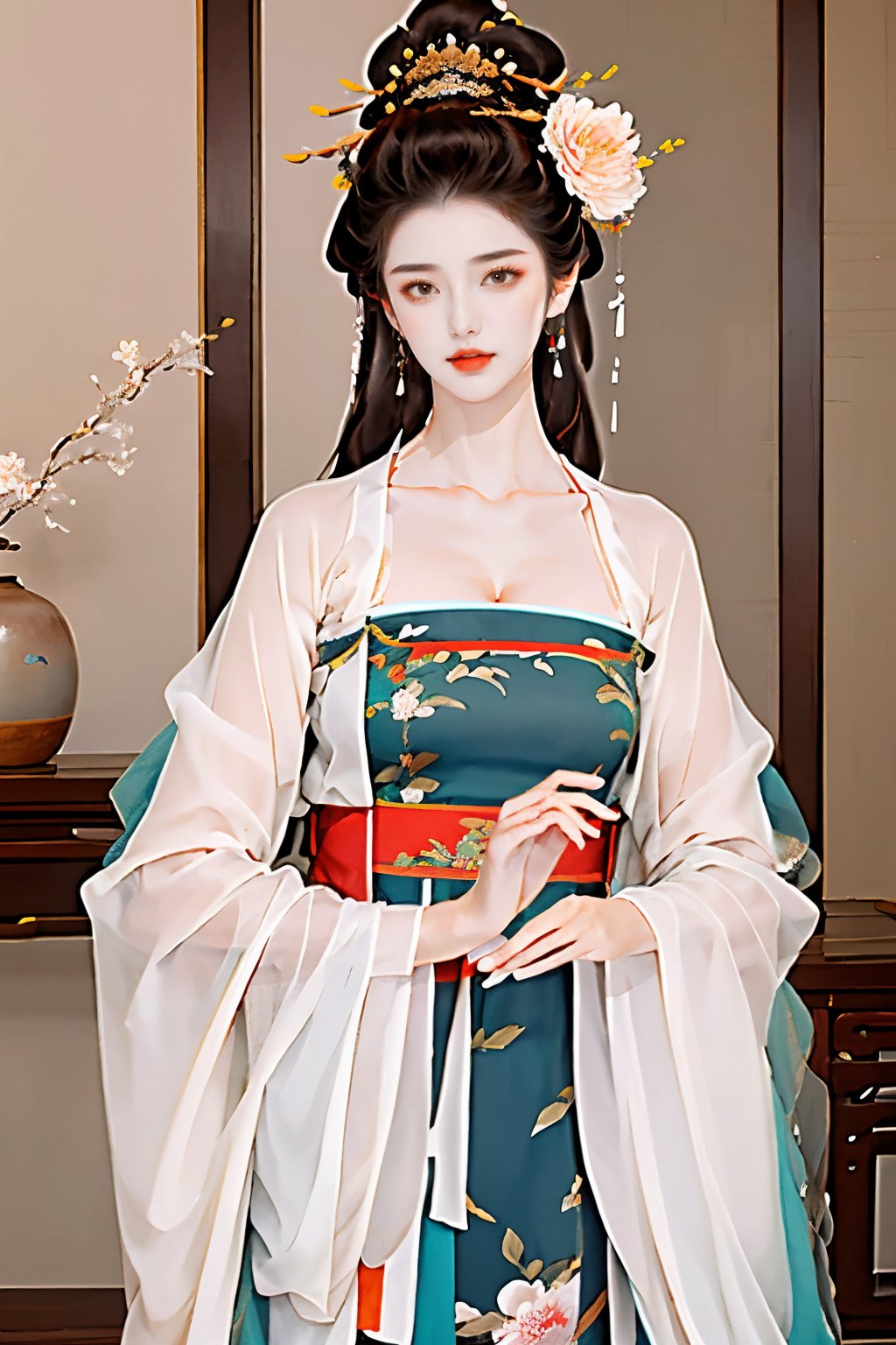 gufeng02,1girl,solo,flower,jewelry,hair ornament,earrings,chinese clothes,holding,hair flower,dress,hanfu,looking at viewer,upper body,long sleeves,wide sleeves,indoors,collarbone,breasts,brown eyes,sash,shawl,<lora:gufeng2-1.5:1>,, masterpiece, best quality,