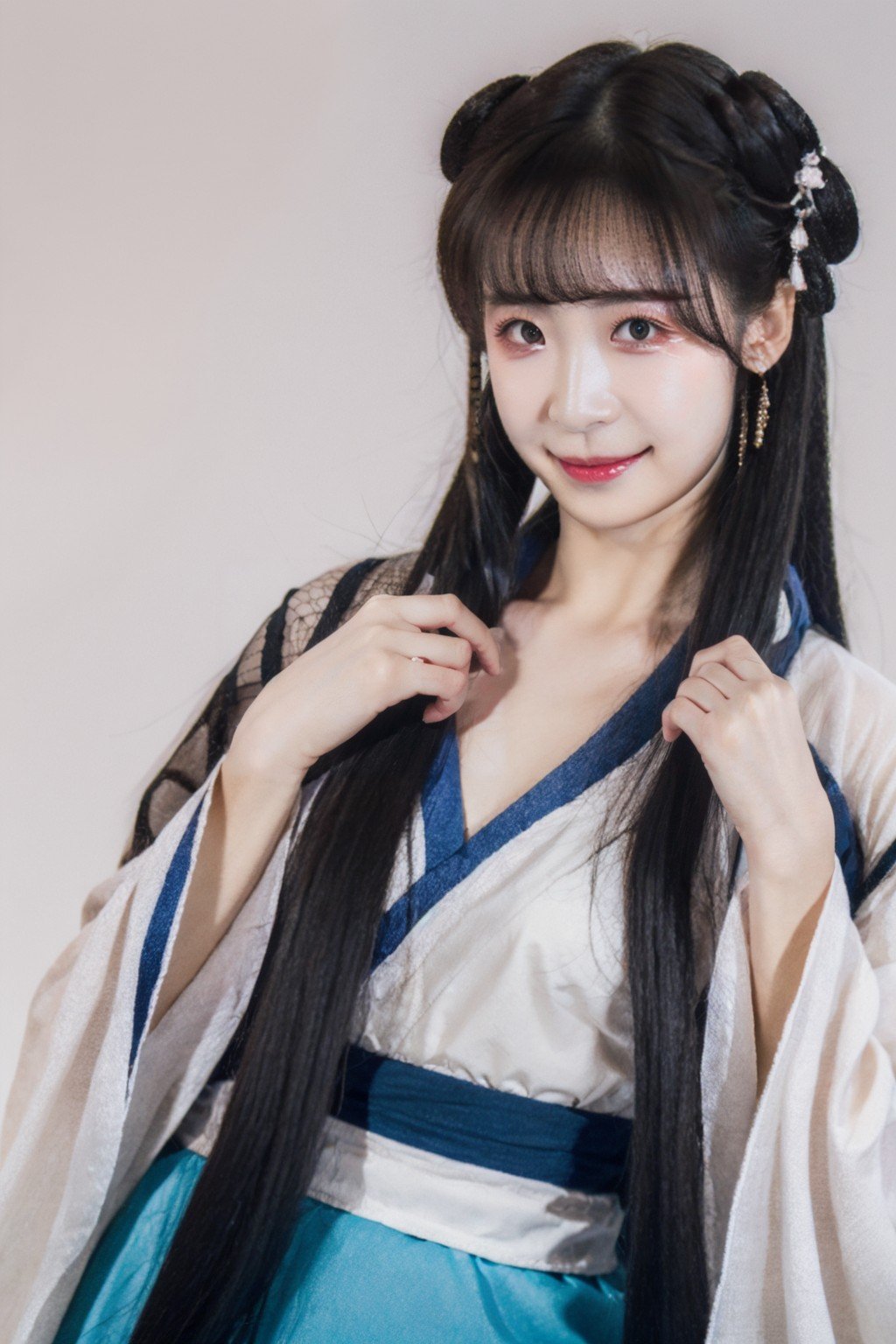 1girl, solo, medium breasts, looking at viewer, realistic, photorealistic, smile, black hair, bangs, hyper detailed, super sharp, crisp, smooth, smooth gradients, depth of field, (in studio: 1.1), (white background: 1.1), (sfw), <lora:ziyan:1>, <lora:breastsizeslideroffset:-0.4>, <lora:skin_slider_v2_1_FACE:0.5>, <lora:add_detail_v5:1>, (hanfu: 1.1)