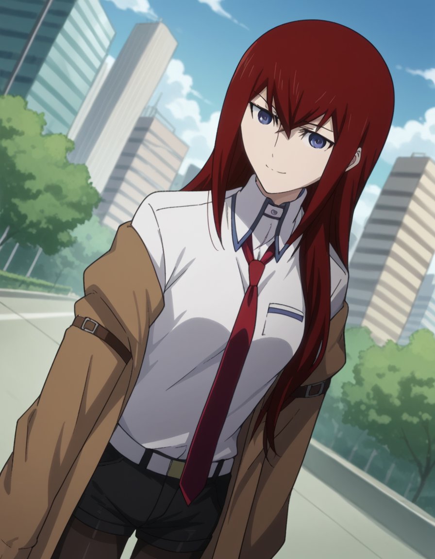 score_9, score_8_up, score_7_up, source_anime,kurisumakise, <lora:kurisu-makise-s1-ponyxl-lora-nochekaiser:1>,kurisu makise, hair between eyes, hair over shoulder, long hair, purple eyes, red hair, straight hair,black pantyhose, black shorts, brown coat, coat, collared shirt, long sleeves, necktie, pantyhose, pantyhose under shorts, shirt, short shorts, shorts, sleeves past wrists, white shirt, wing collar,outdoors, cityscape, smile,looking at viewer, cowboy shot, solo, dutch angle,