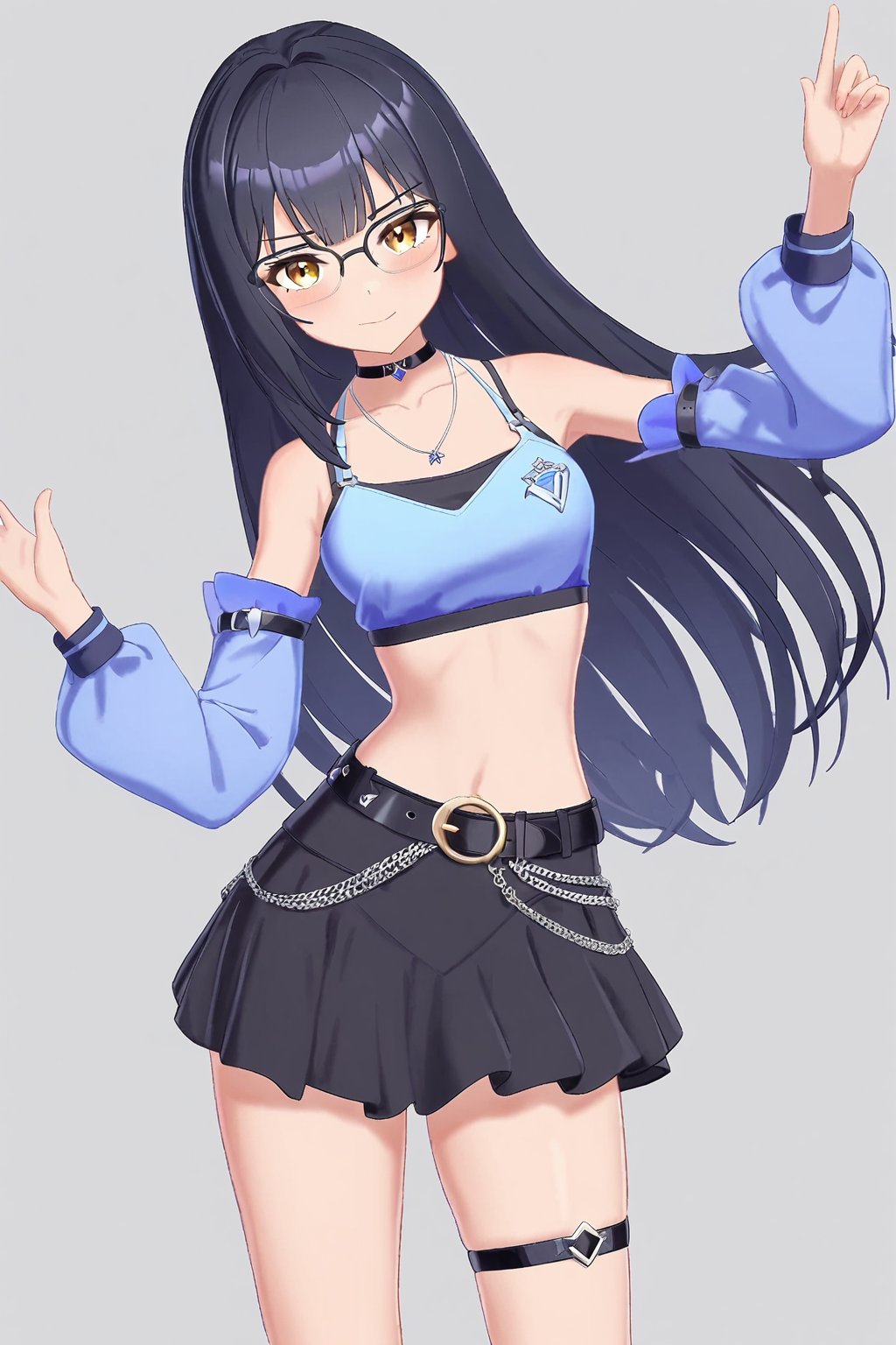 sinuo,1girl,long hair,black skirt,glasses,black hair,choker,thigh strap,looking at viewer,necklace,belt,detached sleeves,black choker,jewelry,yellow eyes,blue crop top,white background,simple background,open clothes,<lora:zhijiang-sinuo-000004:0.5>,