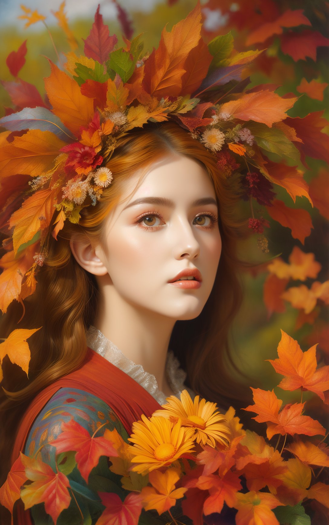 an oil painting of the autumnal equinox,a Daisy Edgar-Jones surrounded by autumn leaves,an airbrush painting by Josephine Wall,deviantart,psychedelic art,airbrush art,detailed painting,pre-raphaelite,3d render,rococo,,