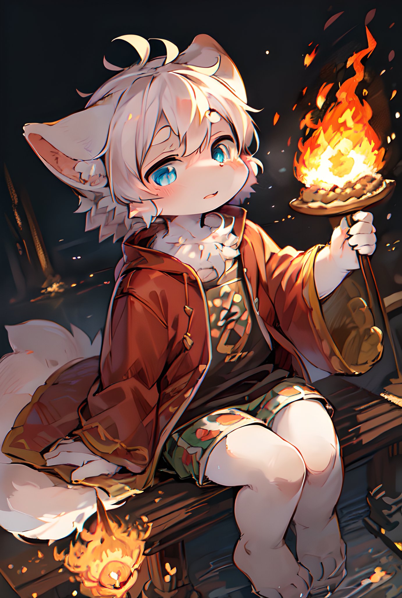 masterpiece, high quality, absurd res, digital painting \(artwork\), by dagasi, yupa,kiyosan,(fluffy fur,White fur, full body fur,croissant,Collie pattern:1.2),anthro male cat. blue eyes, bright eyes,panorama,character focus.detailed background,(clothingon fire,whole body on fire:1.3),(clothing,hair on fire:1.2)