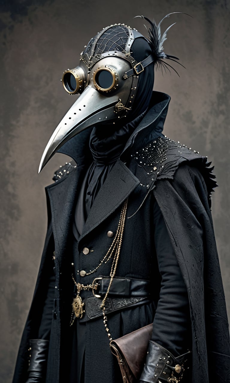 plague doctor in Victorian attire, textured coat with rivet embellishments, elongated beak mask with a single gleaming eye, stark contrast between dark clothing and pale background, delicate spiderweb patterns on the torso, ominous yet elegant, steampunk-inspired fashion, a sense of historical fiction with a dark twist