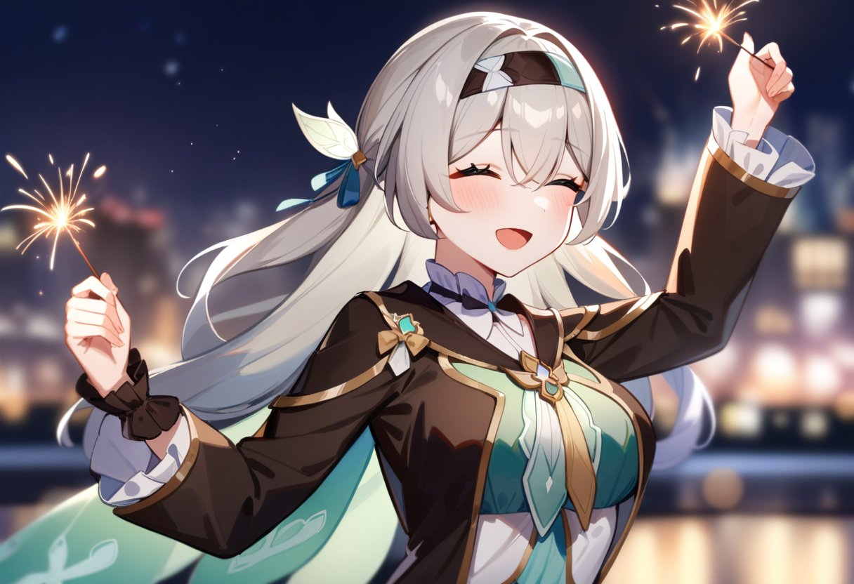 a girl named liuying,liuying,1girl,solo,outdoors,blurry background,upper body,holding,open mouth,black jacket,white shirt,high quality,sparkler,spread arms,city lights,night sky,:d,masterpiece,best quality,(very aesthetic:1.2),absurdres,<lora:流萤a31:1>,grey hair,<lora:Fixhands_anime_bdsqlsz_V1:0>,watercolor \(medium\), 