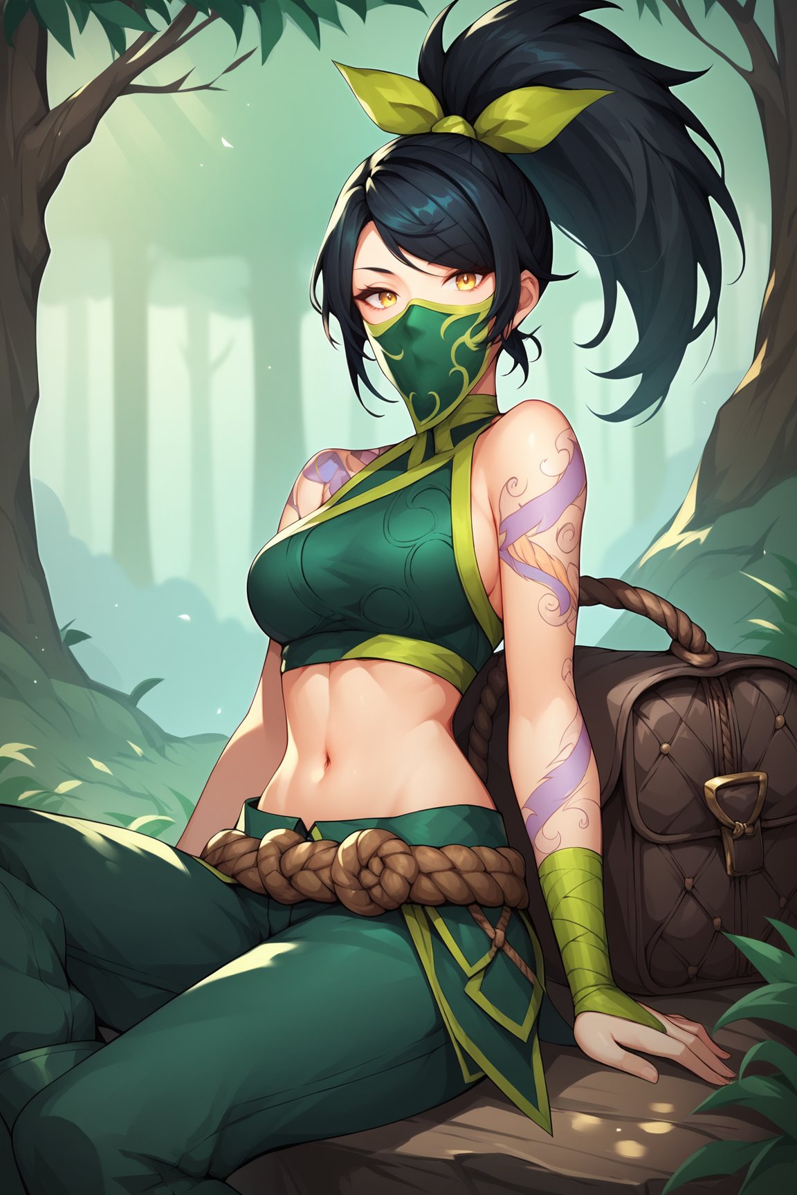 score_9, score_8_up, score_7_up, score_6_up, score_5_up, score_4_up, AkaliLoLXL, green mouth mask, yellow eyes, black hair, swept bangs, green ribbon, hair ribbon, long ponytail, arm tattoo, tattoo, medium breasts, bare shoulders, green crop top, navel, rope belt, cylinder bag, hip vent, green pants, green boots, sitting, looking at viewer, forest, tree  <lora:AkaliLoLXL:0.8>