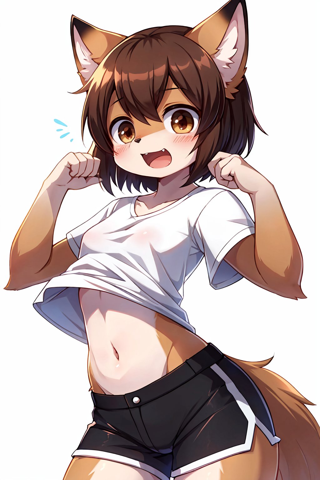 best quality, kemono, anime, female, furry, anthro, full body, solo,  black_shorts, blush, brown_eyes, brown_hair, clothes_pull, eyebrows_visible_through_hair, hand_up, navel, open_mouth, panties, pants, shiny, shiny_skin, shirt, short_shorts, shorts, shorts_pull, simple_background, solo, tan, tanlines, transparent_background, underwear, white_panties, white_shirt, cute fang