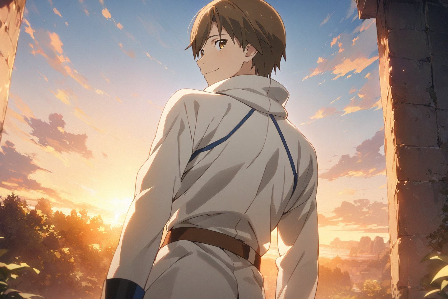 from behind, cowboy shot, backlighting, A boy standing with his back to viewer with the setting sun in the background, smile, manato_grimgar, 1boy, solo, white jacket, brown boots, beige pants, (masterpiece, high-quality, breathtaking, highres, ultra detailed), (expressive eyes, perfect face) <lora:manato grimgar:1>