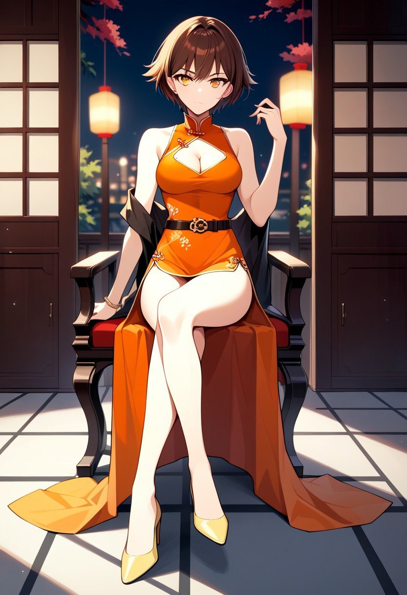 score_9,score_8_up,score_7_up,source_anime, Androssi Zahard,1girl,solo,breasts,looking at viewer,dress,closed mouth,cleavage,bare shoulders,sitting,medium breasts,full body,sleeveless,belt,hand up,high heels,clothing cutout,sleeveless dress,bare legs,chinese clothes,red dress,cleavage cutout,crossed legs,china dress,yellow footwear,orange dress,