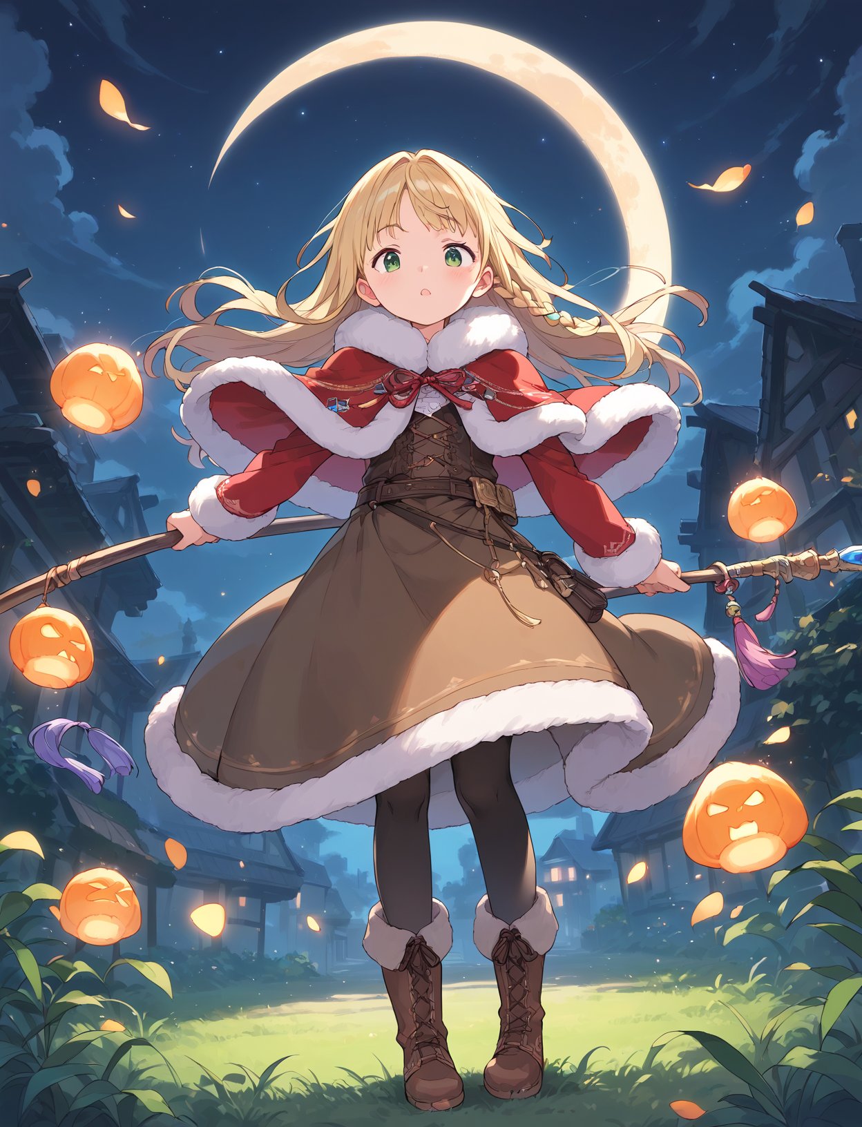 score_9, score_8_up, source_anime, (score_7_up, score_6_up:0.8) , source_anime, official art, masterpiece, highres, BREAK1girl, night, moon,fantasy,, blonde hair, boots, braid, brown footwear, dress, floating, floating object, full body, fur trim, fur-trimmed capelet, green eyes, long hair, outdoors, pantyhose, solo, standing