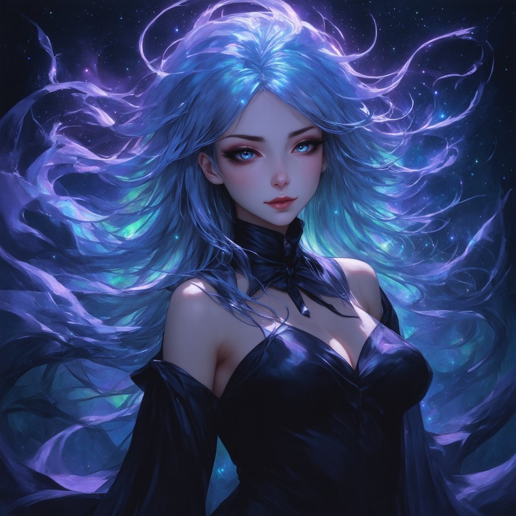 a female character with long, flowing hair that appears to be made of ethereal, swirling patterns resembling the Northern Lights or Aurora Borealis. The background is dominated by deep blues and purples, creating a mysterious and dramatic atmosphere. The character's face is serene, with pale skin and striking features. She wears a dark-colored outfit with subtle patterns. The overall style of the artwork is reminiscent of fantasy or supernatural genres