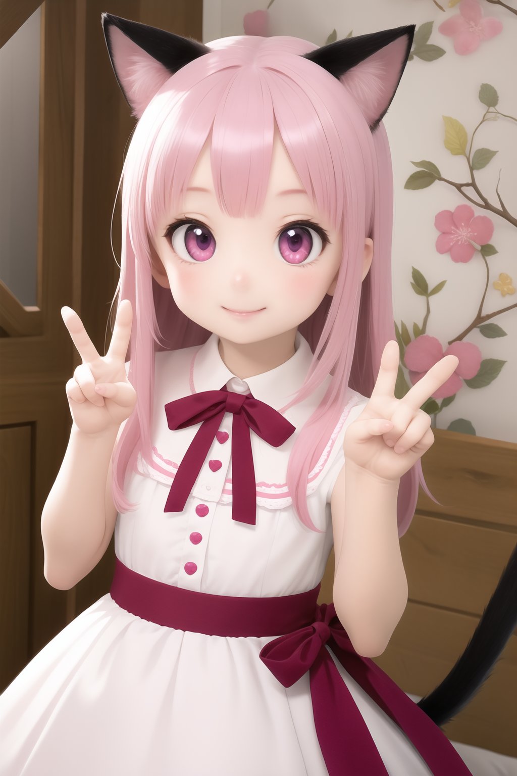 (masterpiece), (best quality), (extremely detailed), (1girl), solo, (pretty cute girl), looking at viewer, smile, slender, evenly sized eyes, extremely detailed eyes, upper body, outdoors, extremely detailed wallpaper, (completely detailed features), 16k, pink eyes, pink hair, cat girl, black animal ears, black tail, looking at viewer, smile, peace sign, pink kawaii room, heart item, red ribbon, pink and white dress, standing, indoors, fluffy