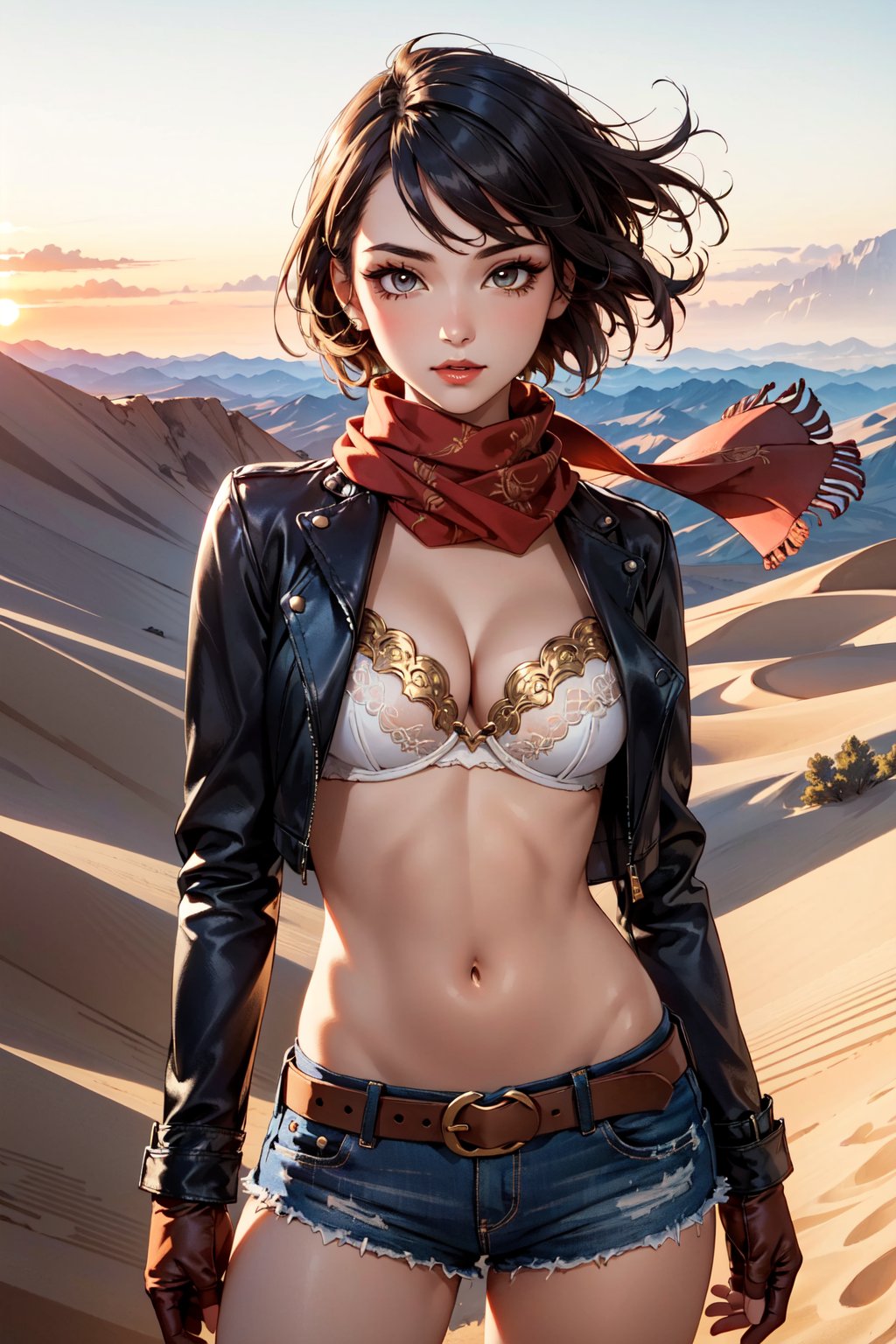 (masterpiece, best quality:1.4), (cute, adorable), (1girl, solo), (a sexy female bounty hunter), (eyelashes, eyeshadow, eyeliner), glossy red lips, messy short hair, hair in wind, windy, (natural breasts, cleavage, midriff, navel), long scarf, gloves, belts, straps, (ornate delicate leather jacket), (ornate delicate bra, no shirt), (short shorts), legs, (dynamic pose), (at desert, montains, golden hour, sundown), (cowboy shot),