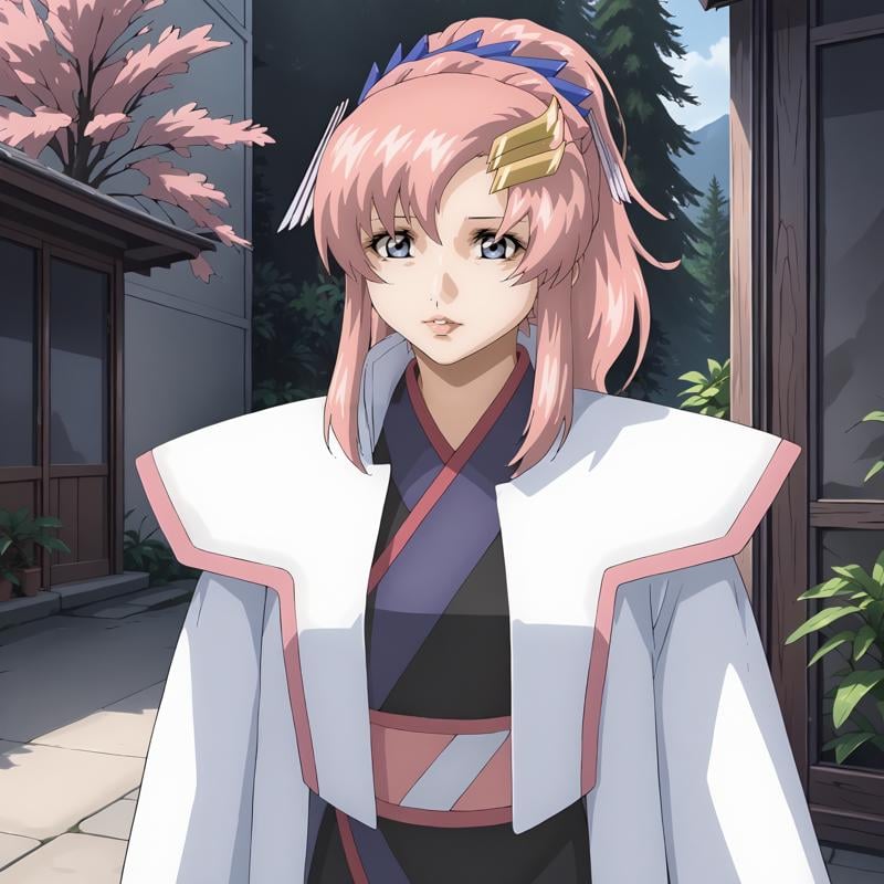 <lora:LacusClyneXLpony002>,looking at viewer,parted lips,solo,LacusClyne,1girl,pink hair,ponytail,blue eyes,hair ornament,white coat,kimono,mini skirt,outdoors,nature,standing,upper body,